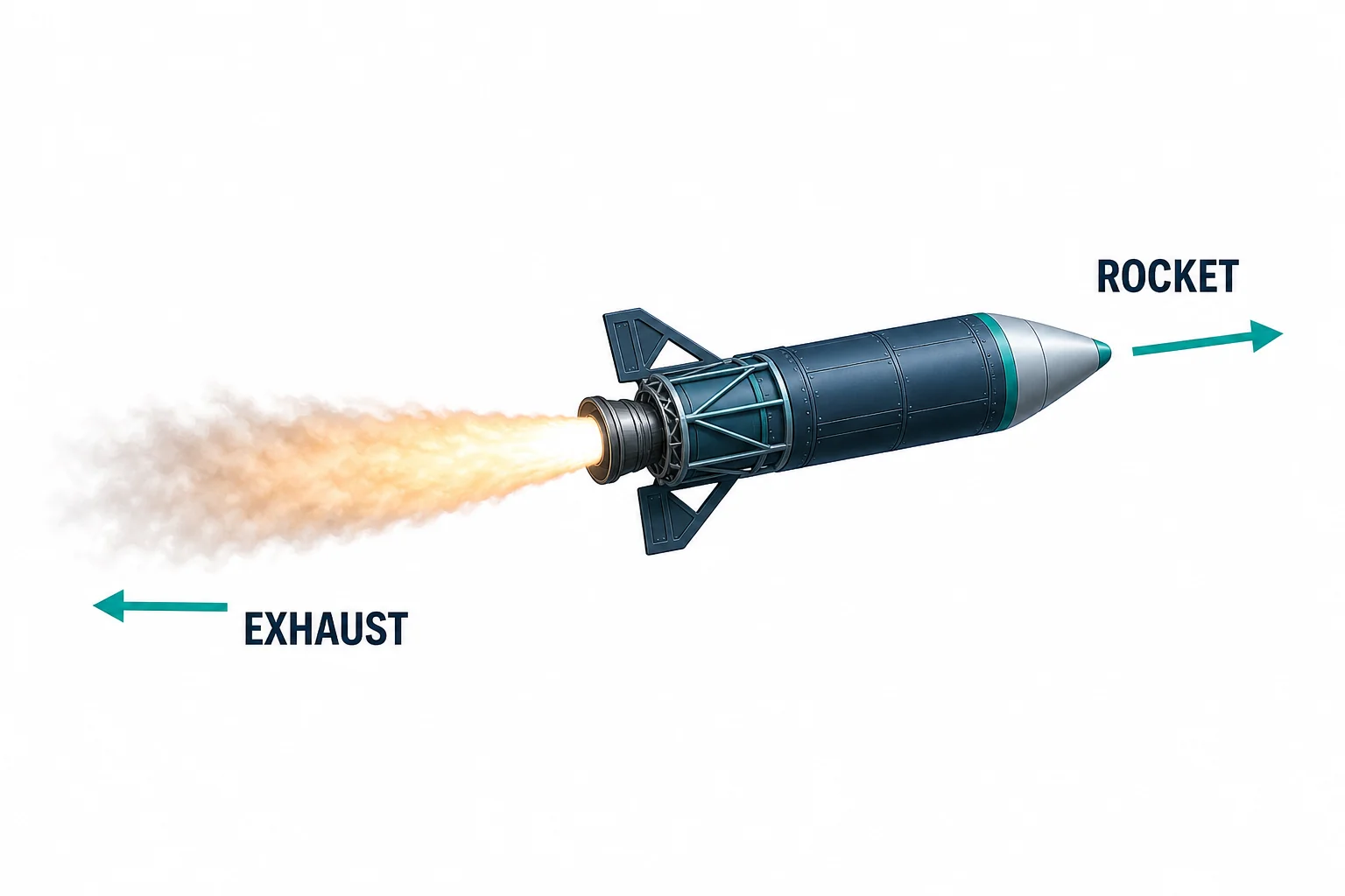A rocket in empty space ejects gas backward while the rocket moves forward, with arrows showing opposite directions.