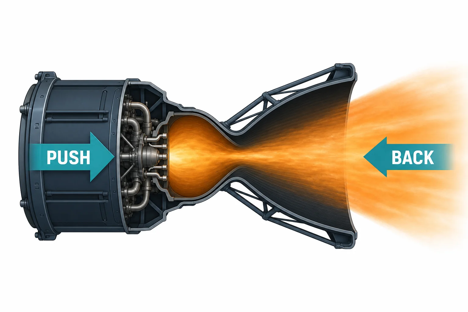 A cutaway rocket engine shows hot gas being pushed backward and the rocket being pushed forward by equal and opposite forces.