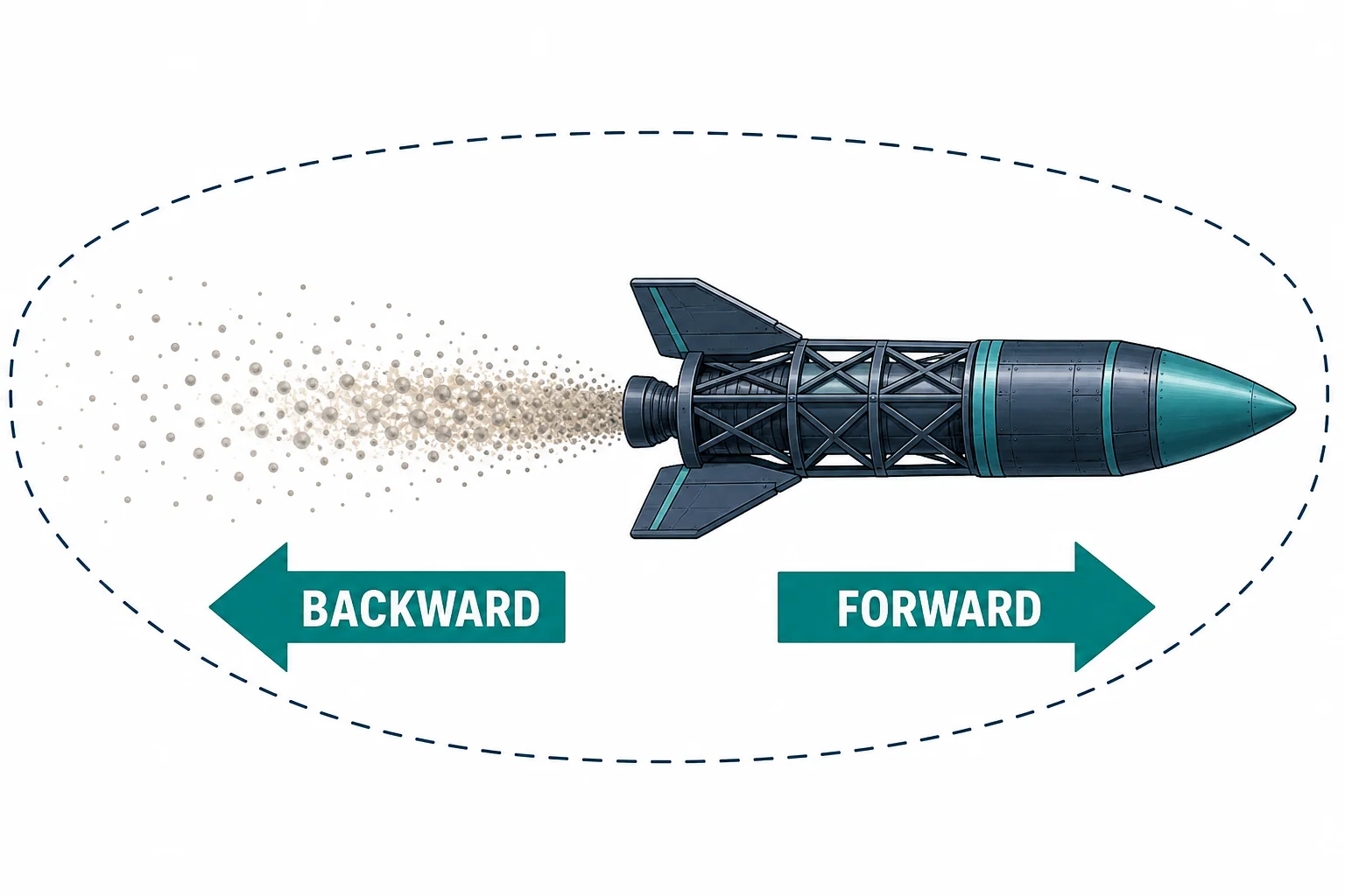 A rocket and exhaust stream are shown as a system, with backward exhaust momentum and forward rocket momentum represented by arrows.