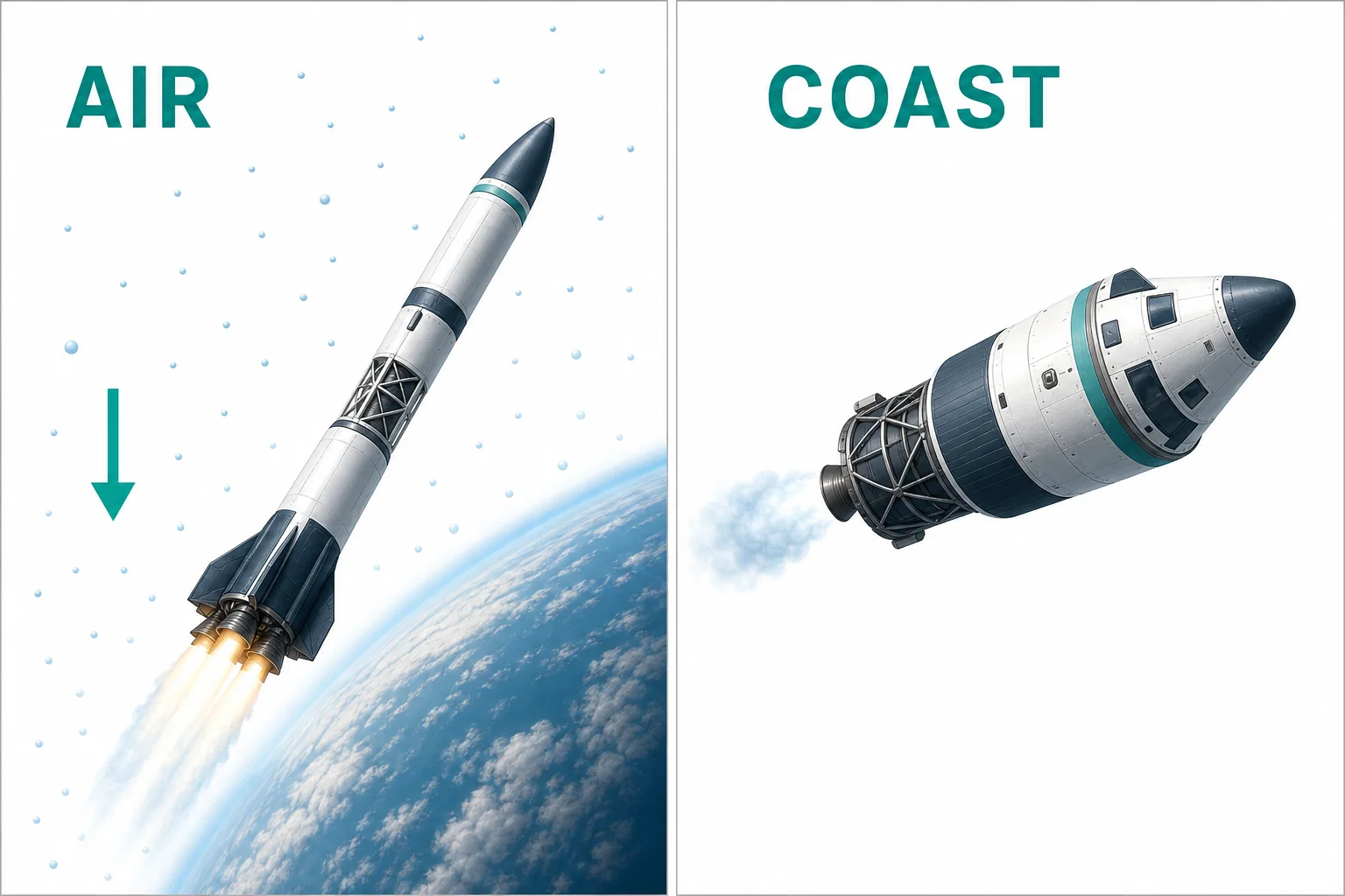 A spacecraft coasts in deep space after an engine burn, while a separate Earth launch scene shows air resistance and gravity.