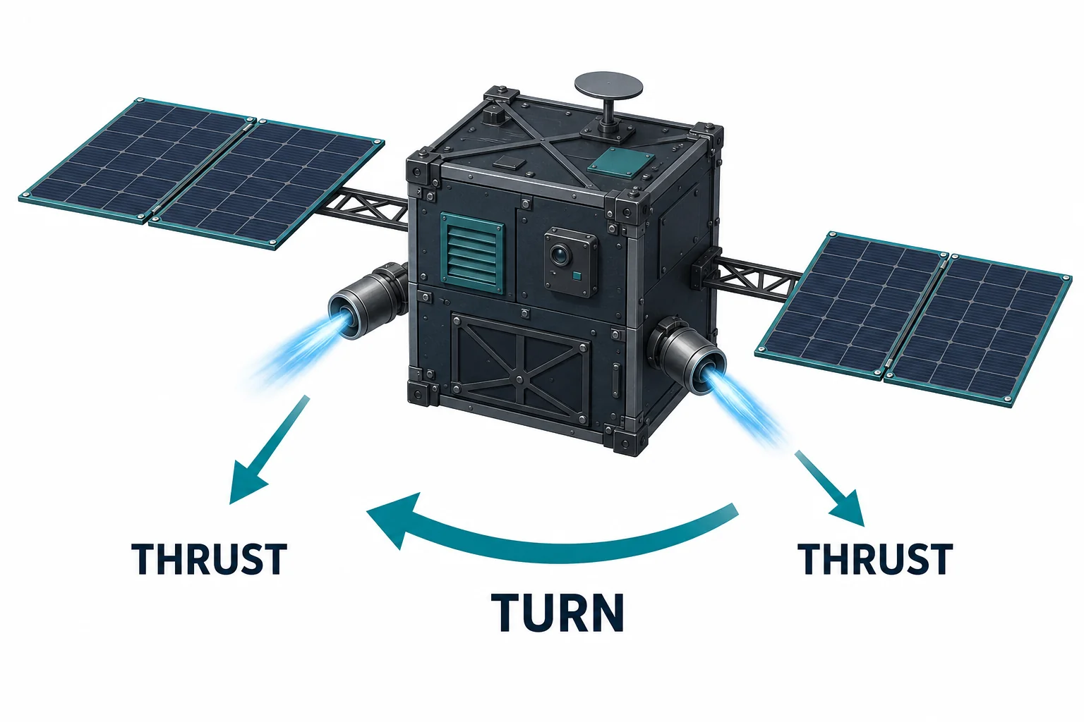 A spacecraft uses small side thrusters to rotate, with gas jets pointing one way and rotation shown in the opposite direction.