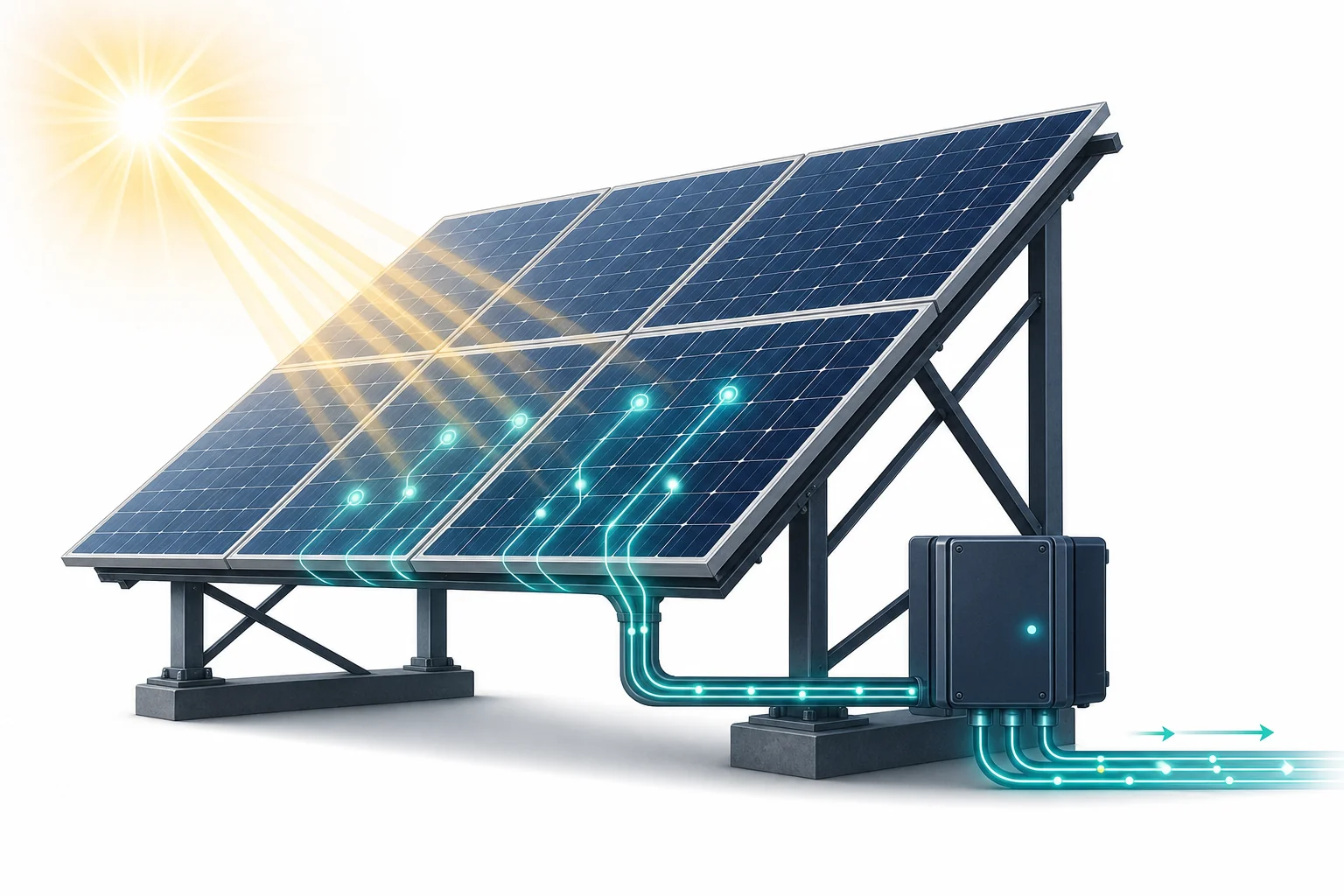 Cutaway educational diagram of sunlight striking a solar panel and producing electric current through semiconductor layers