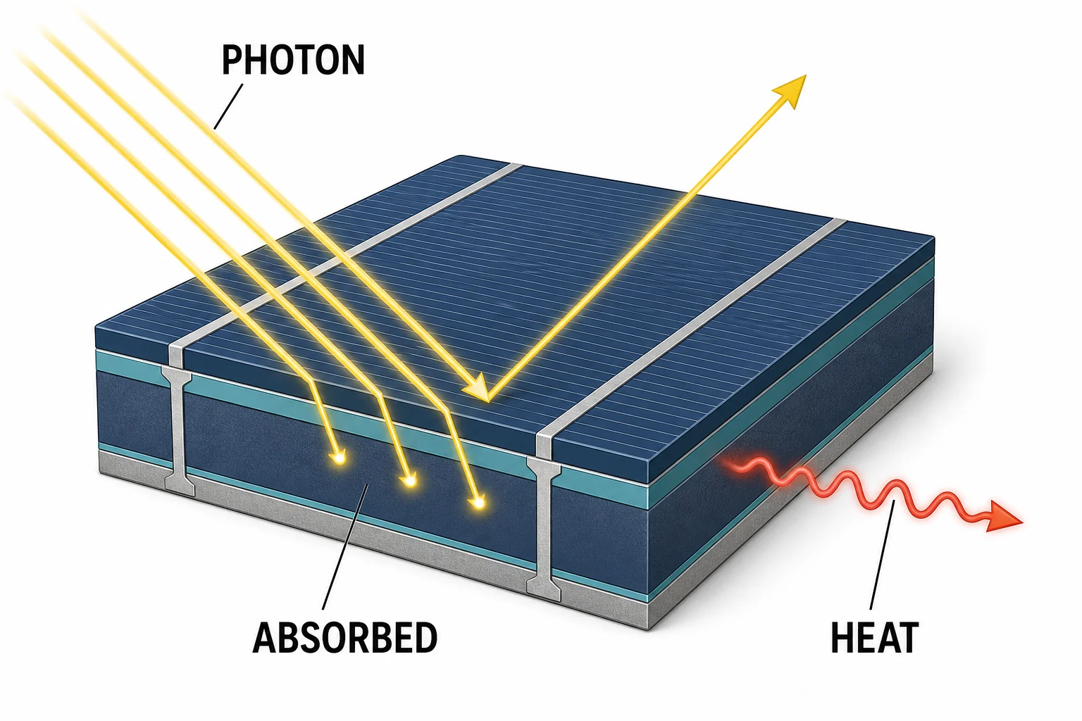 Diagram showing sunlight photons with different energies striking a silicon solar cell, with some absorbed and some reflected or lost as heat