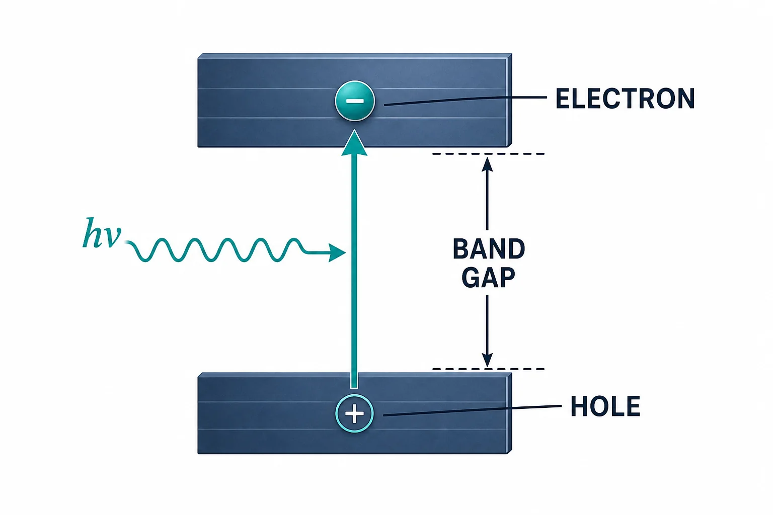 Energy band diagram showing an electron lifted across the band gap by an incoming photon, leaving a hole behind