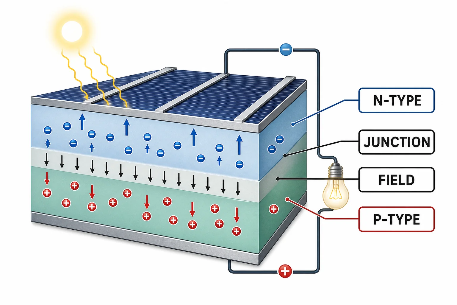 Cutaway of a pn-junction solar cell showing p-type and n-type silicon layers, the internal electric field, and separated electrons and holes