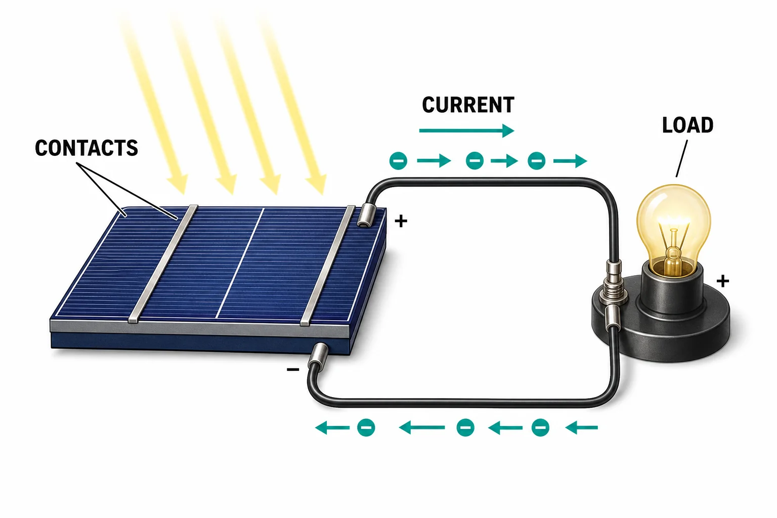 Solar cell connected to a simple circuit with wires and a small load, showing electron flow through the external wire
