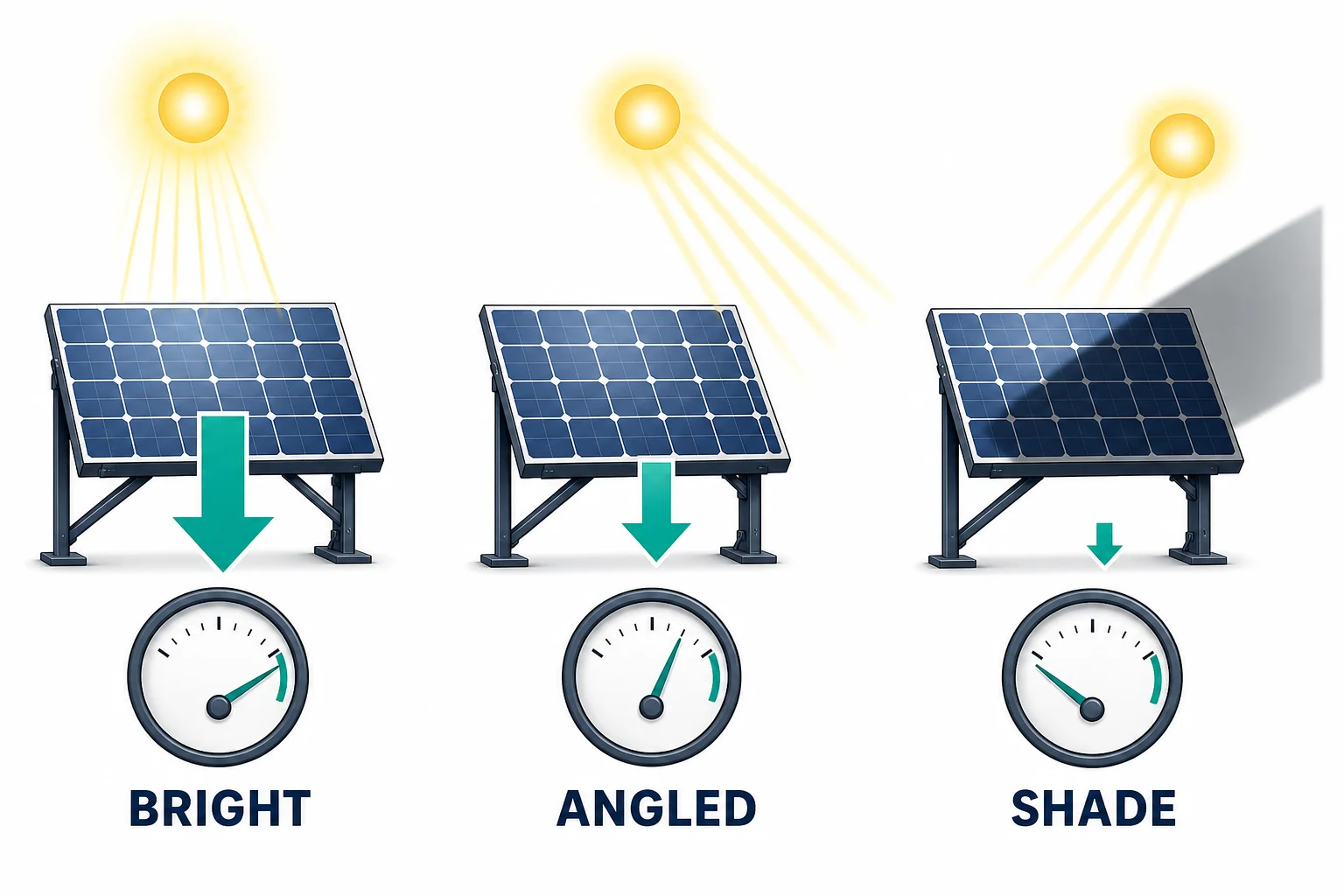 Panel output comparison showing bright direct light producing more current than weak angled light or partial shade