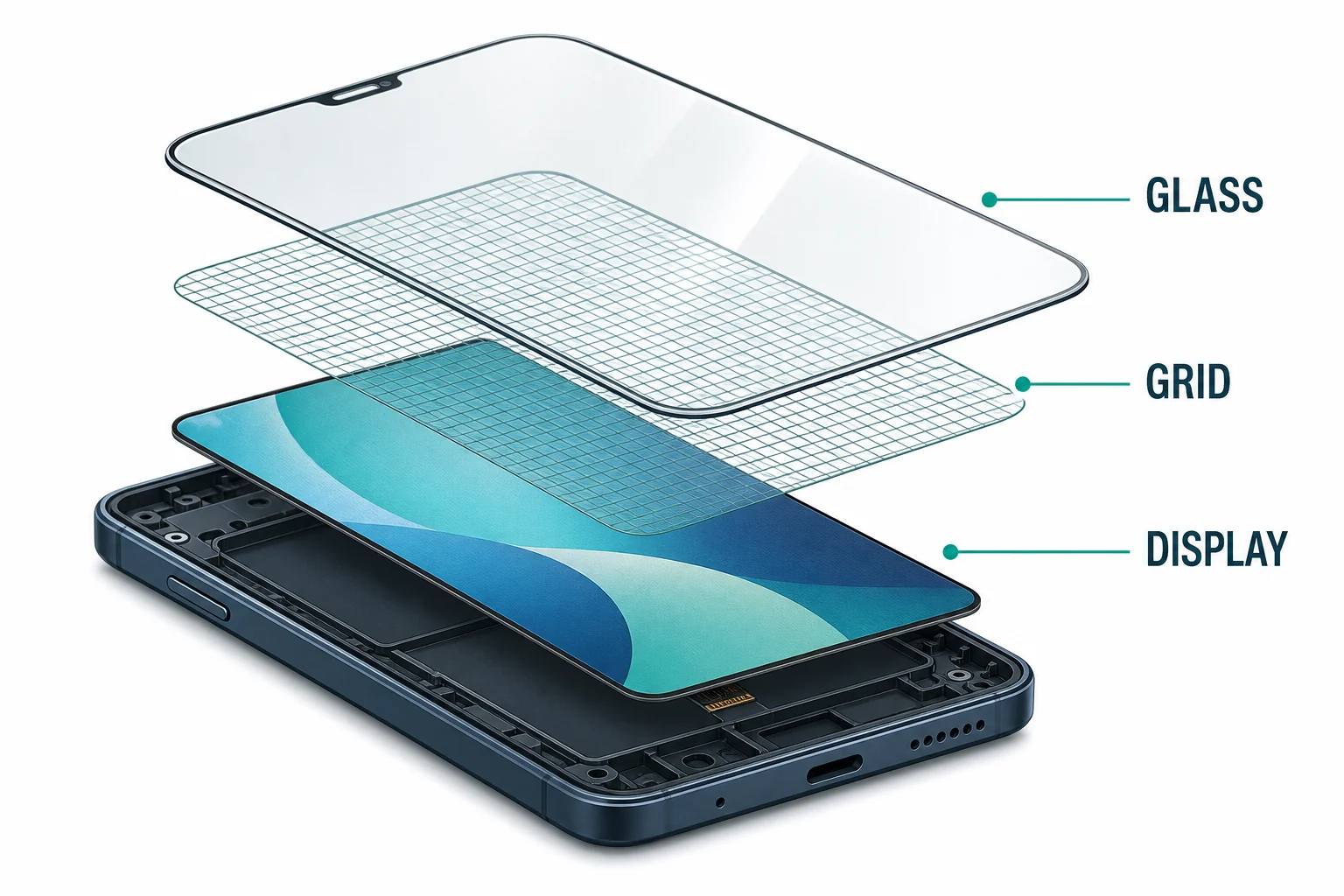 Cutaway view of a phone screen showing glass, a transparent conductor grid, and the display layer beneath it