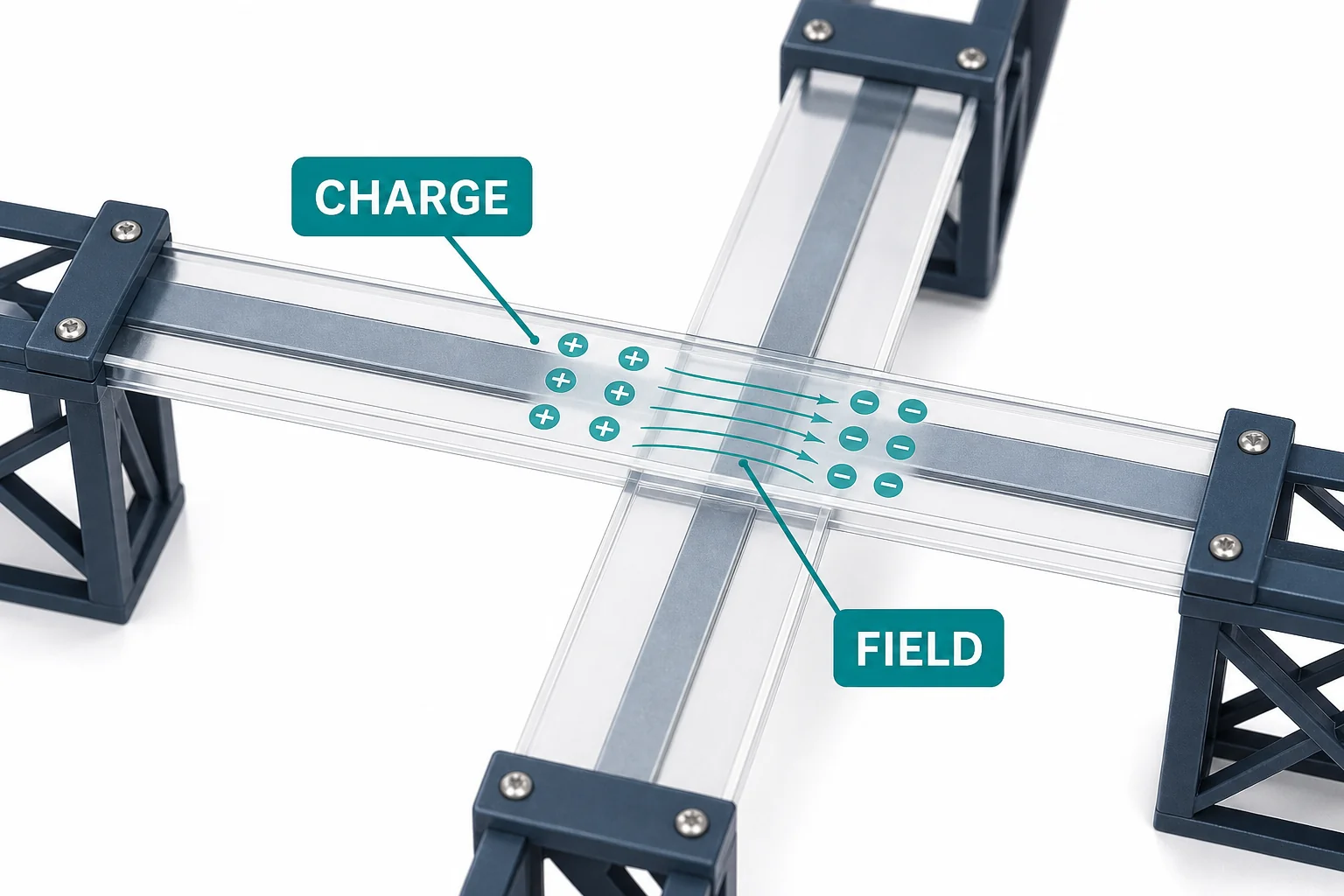 Close view of two crossing touchscreen conductors acting like a small capacitor with charge shown on nearby strips