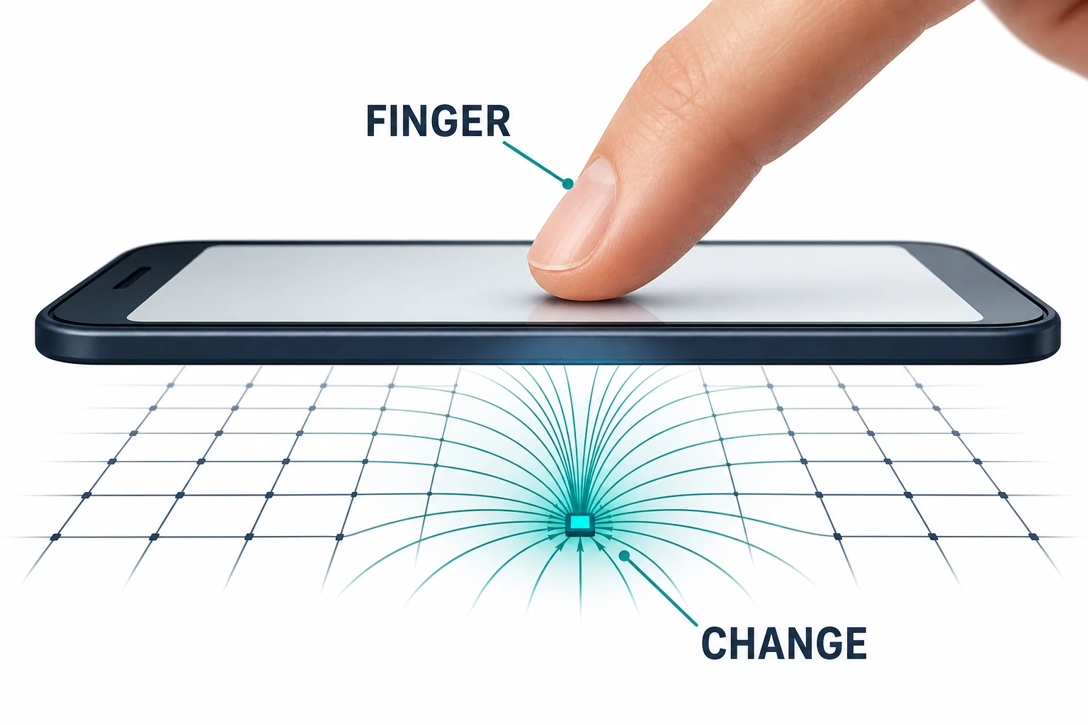 Finger near a touchscreen grid bending nearby electric field lines and changing the strongest sensing point