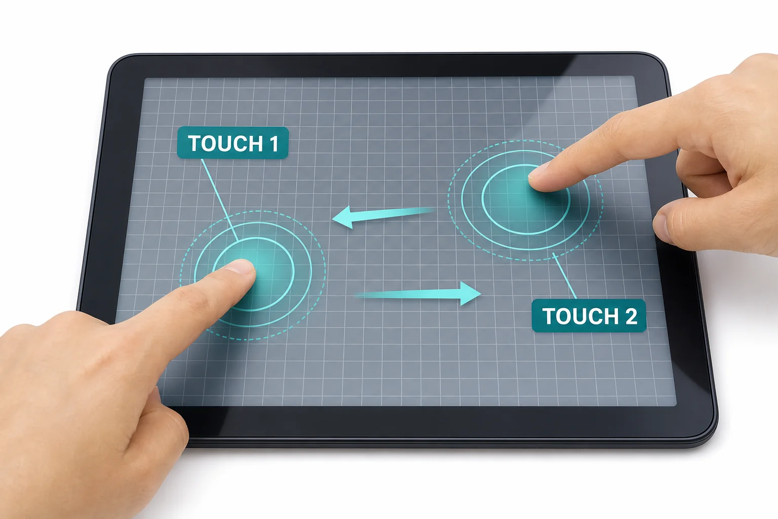 Two fingers touching a tablet screen with two separate highlighted regions on the sensor grid