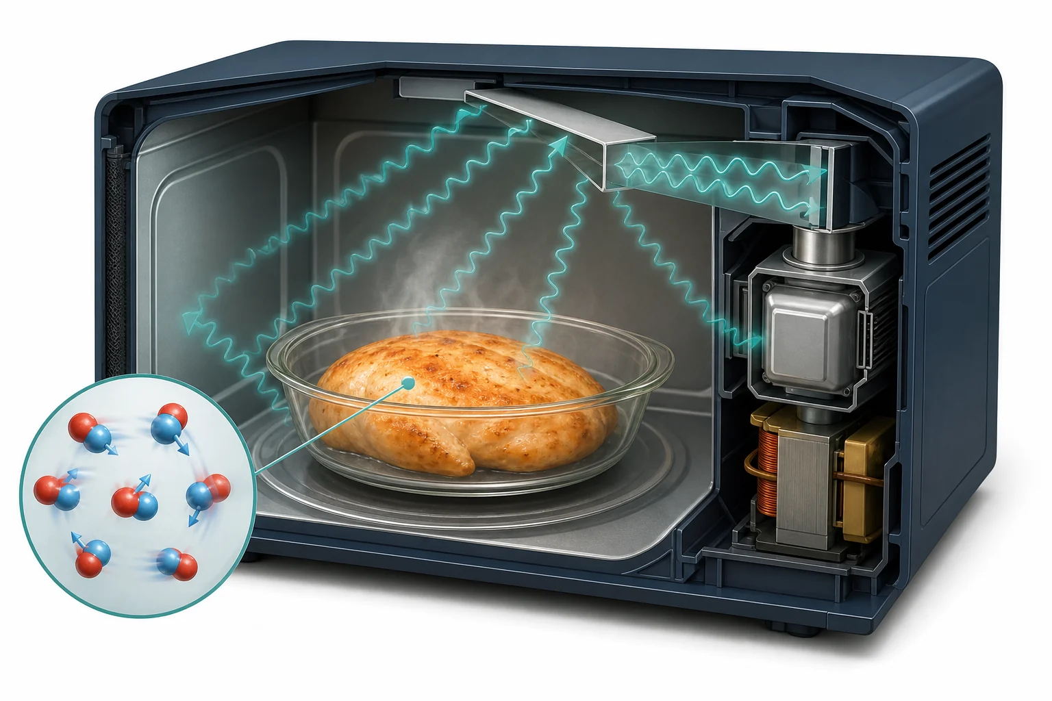 Cutaway view of a microwave oven showing electromagnetic waves inside the cooking chamber and food warming on a glass plate