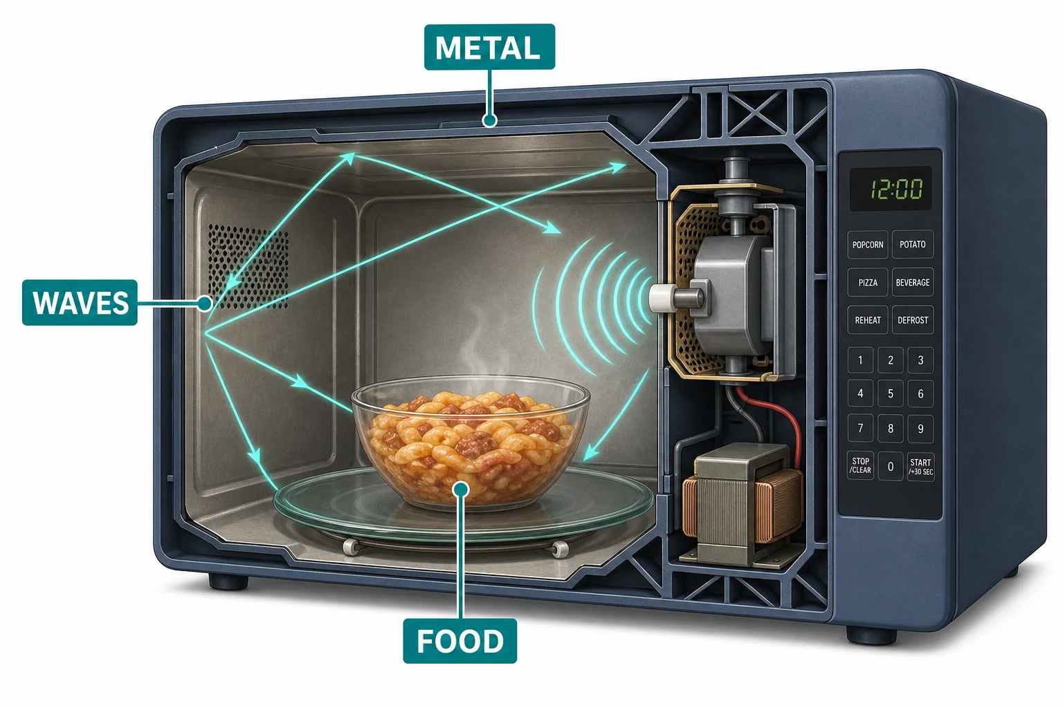 Diagram of a microwave oven cutaway showing electromagnetic waves reflecting from metal walls and entering food