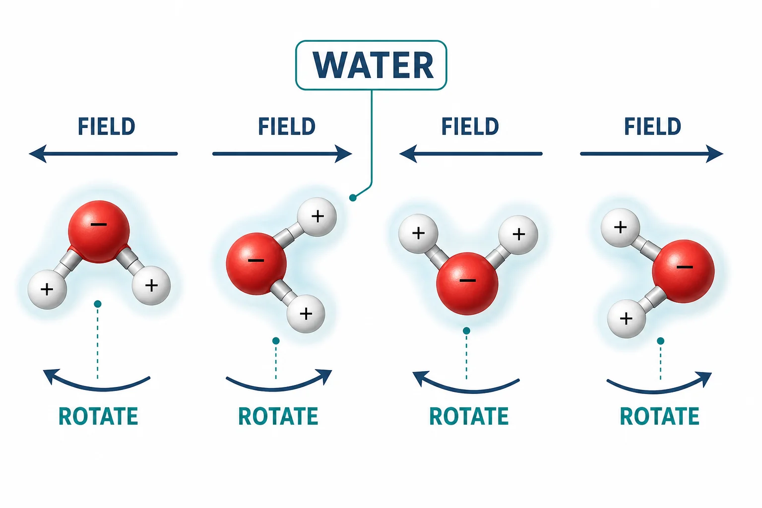 Close-up model of water molecules rotating in response to a changing electric field from a microwave