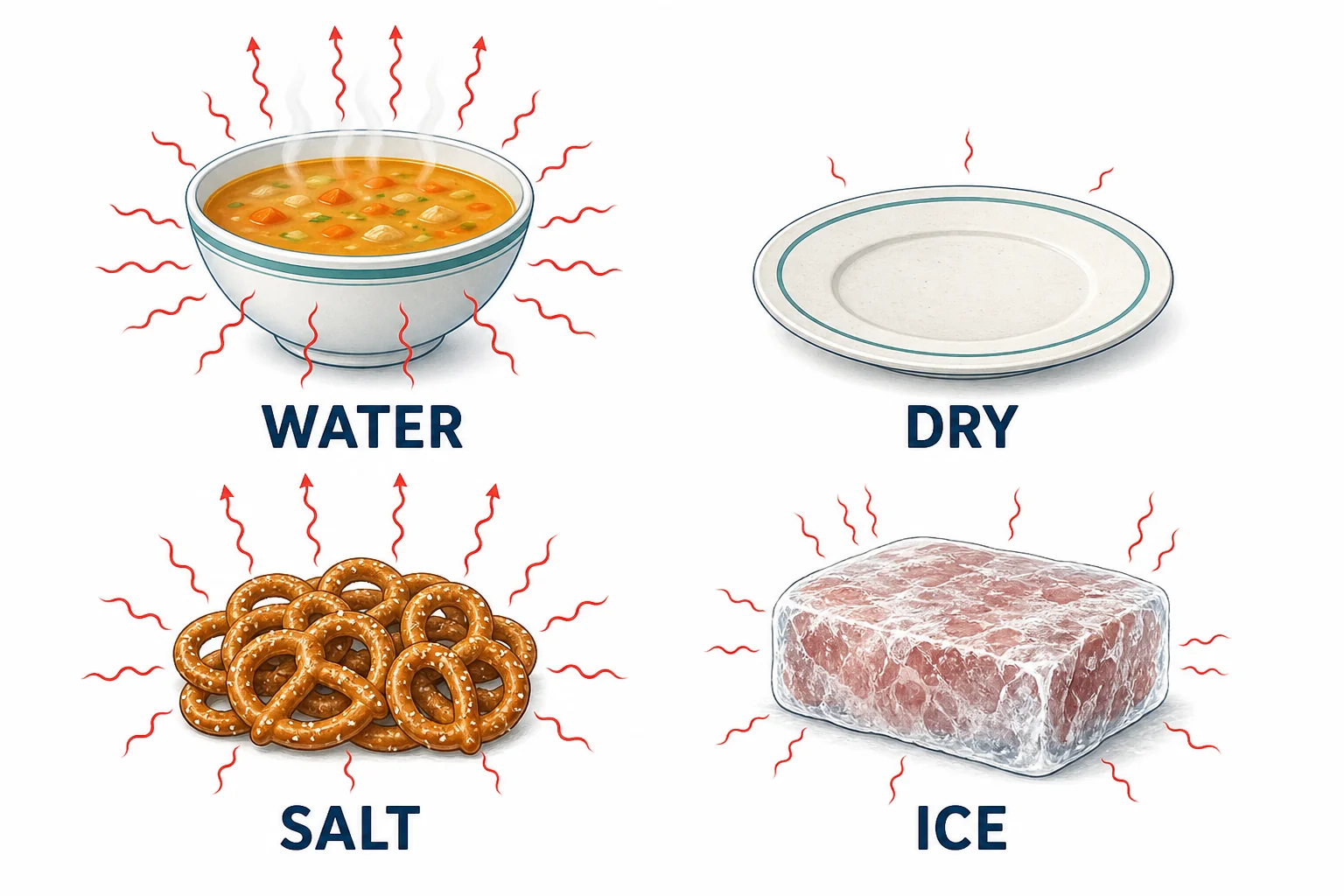 Comparison of microwave absorption in water-rich food, dry plate, salty soup, and frozen food