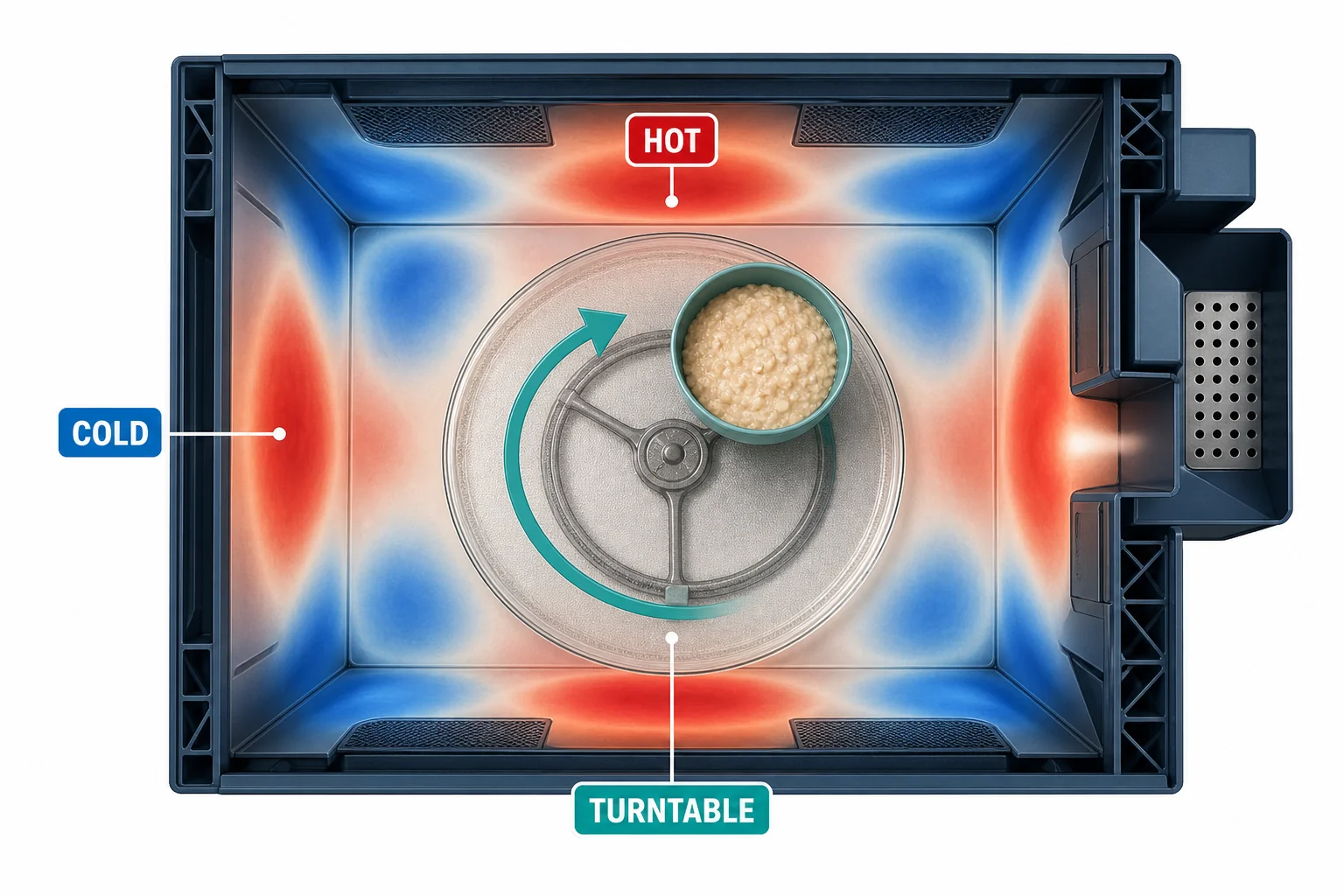 Top view of a microwave turntable moving food through hot and cold spots created by overlapping waves