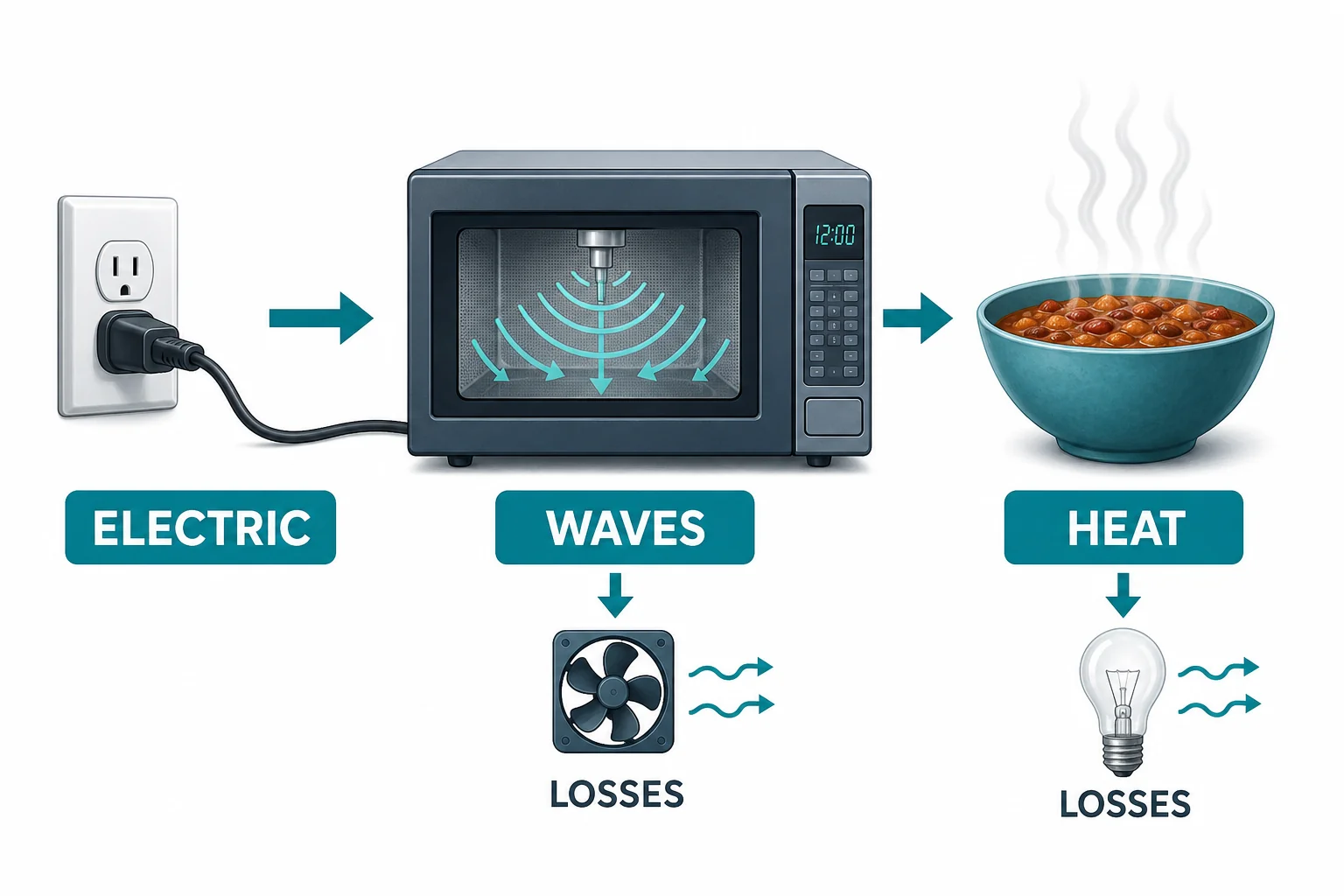 Energy flow diagram showing electrical energy becoming microwave energy and then thermal energy in food