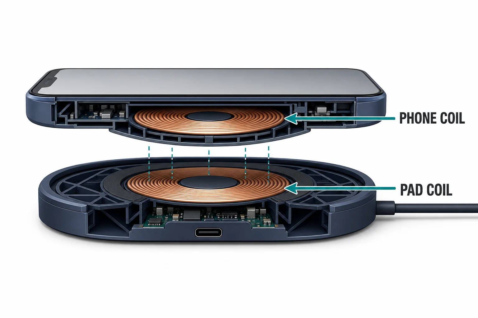 A cutaway view of a wireless charging pad and phone showing a primary coil in the pad and a secondary coil in the phone.