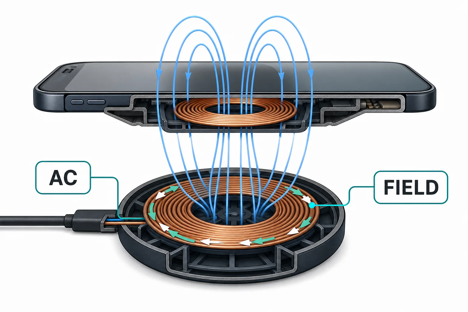 A pad coil with alternating current arrows and magnetic field loops that expand through the phone coil above it.