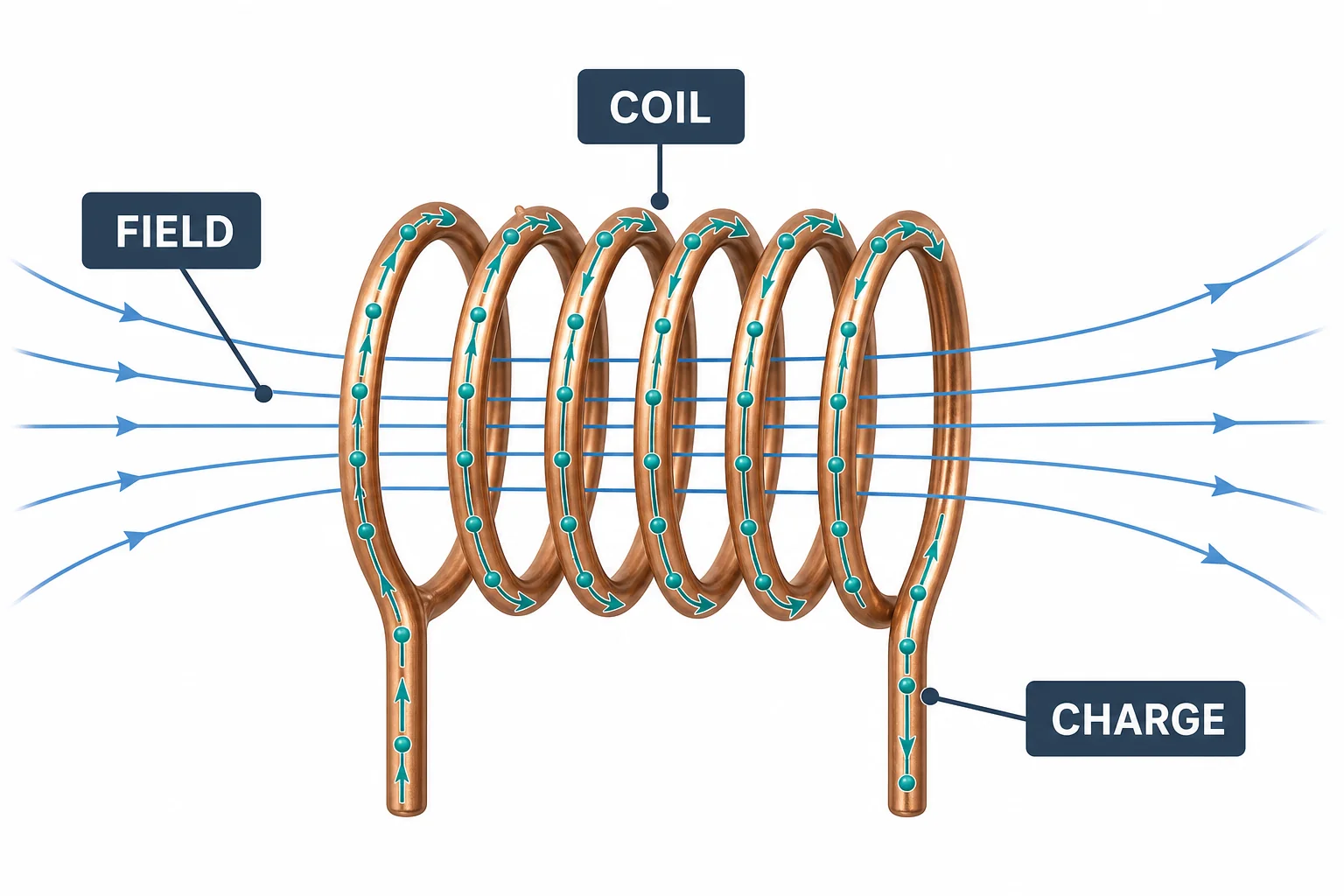 A changing magnetic field passing through a phone coil and causing charge motion around the wire.