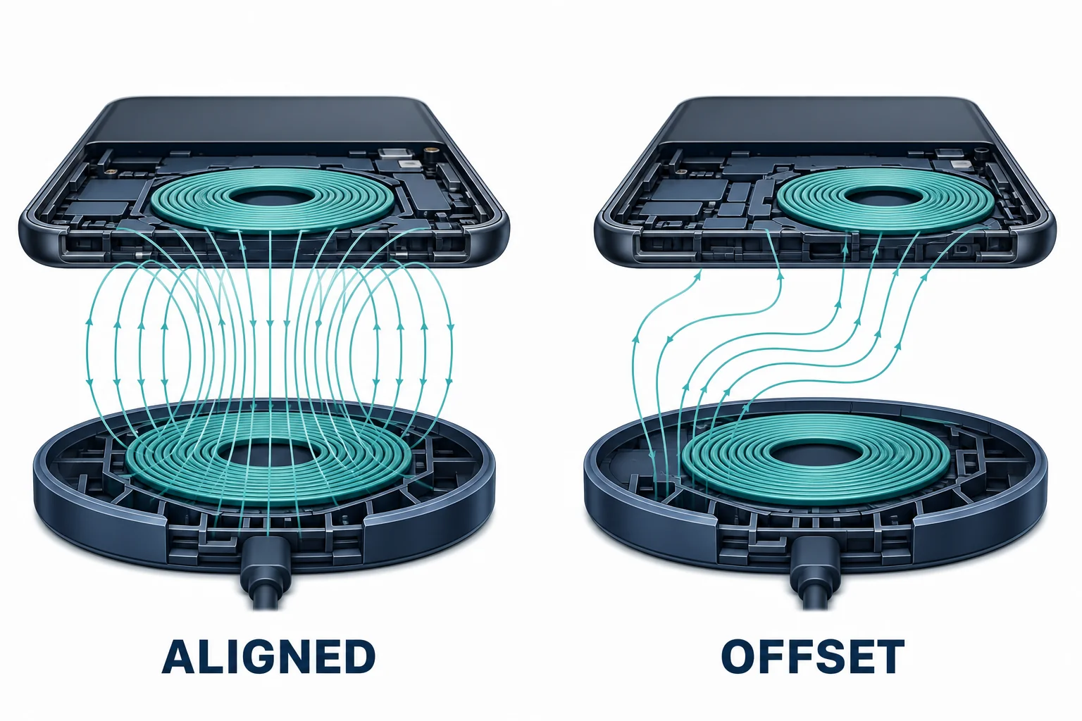 Two side-by-side examples comparing aligned coils with strong field linkage and misaligned coils with weak field linkage.
