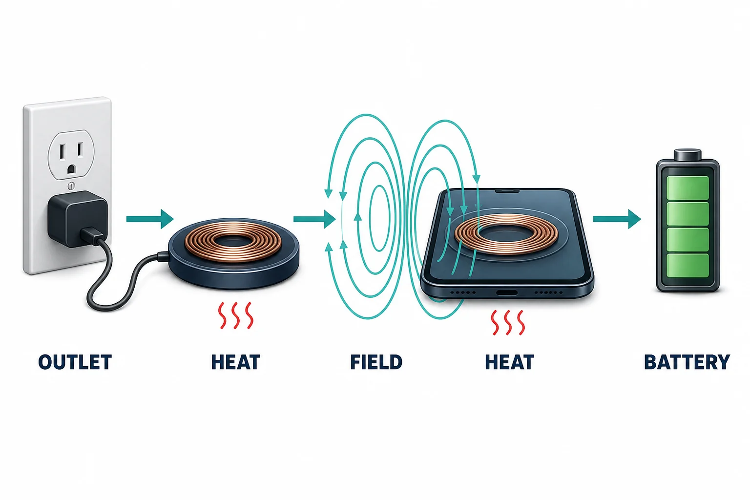 An energy flow diagram showing wall outlet energy moving to a pad coil, magnetic field, phone coil, battery, and heat losses.