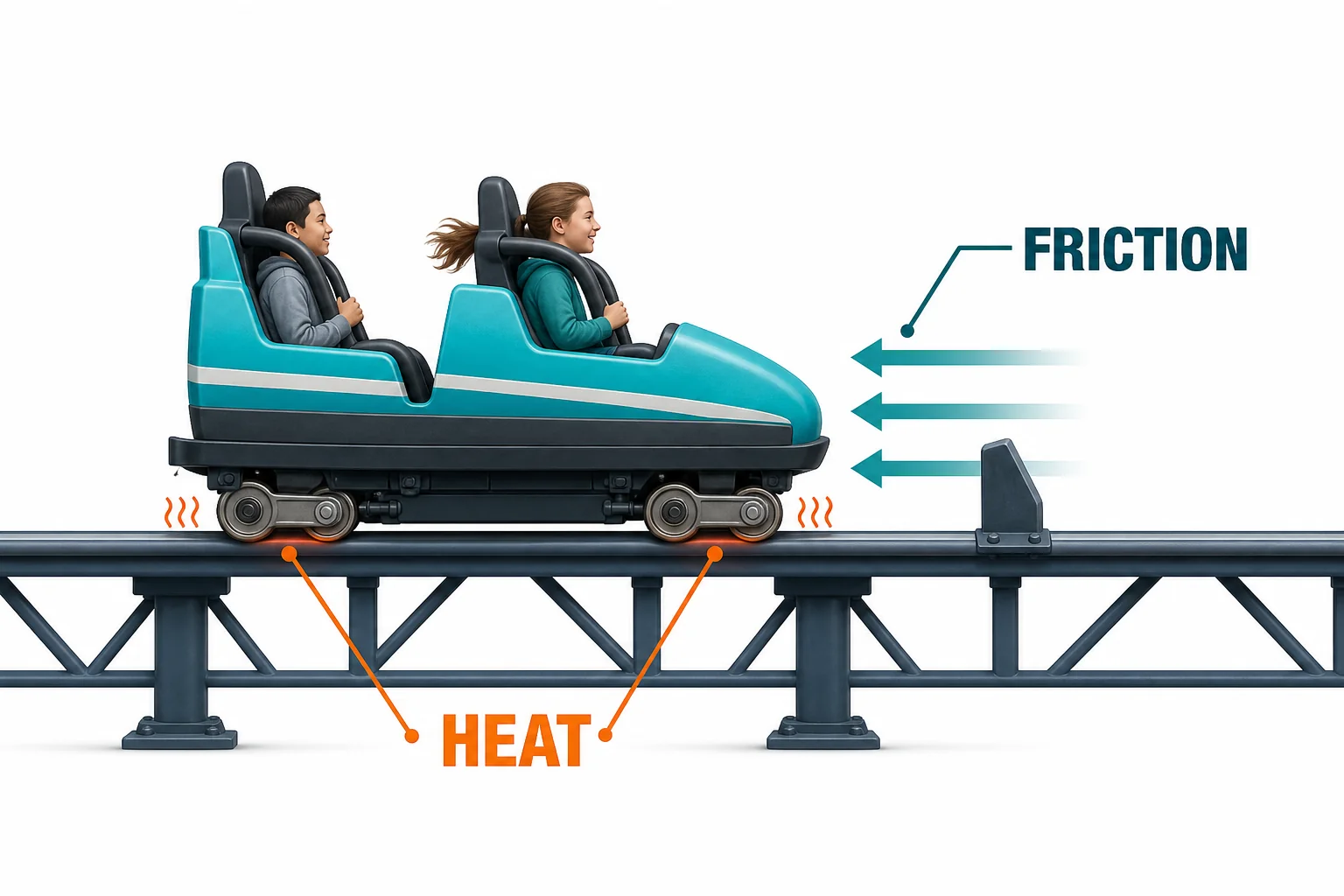 A coaster car moving along a track with small heat marks at the wheels and air resistance arrows pushing backward