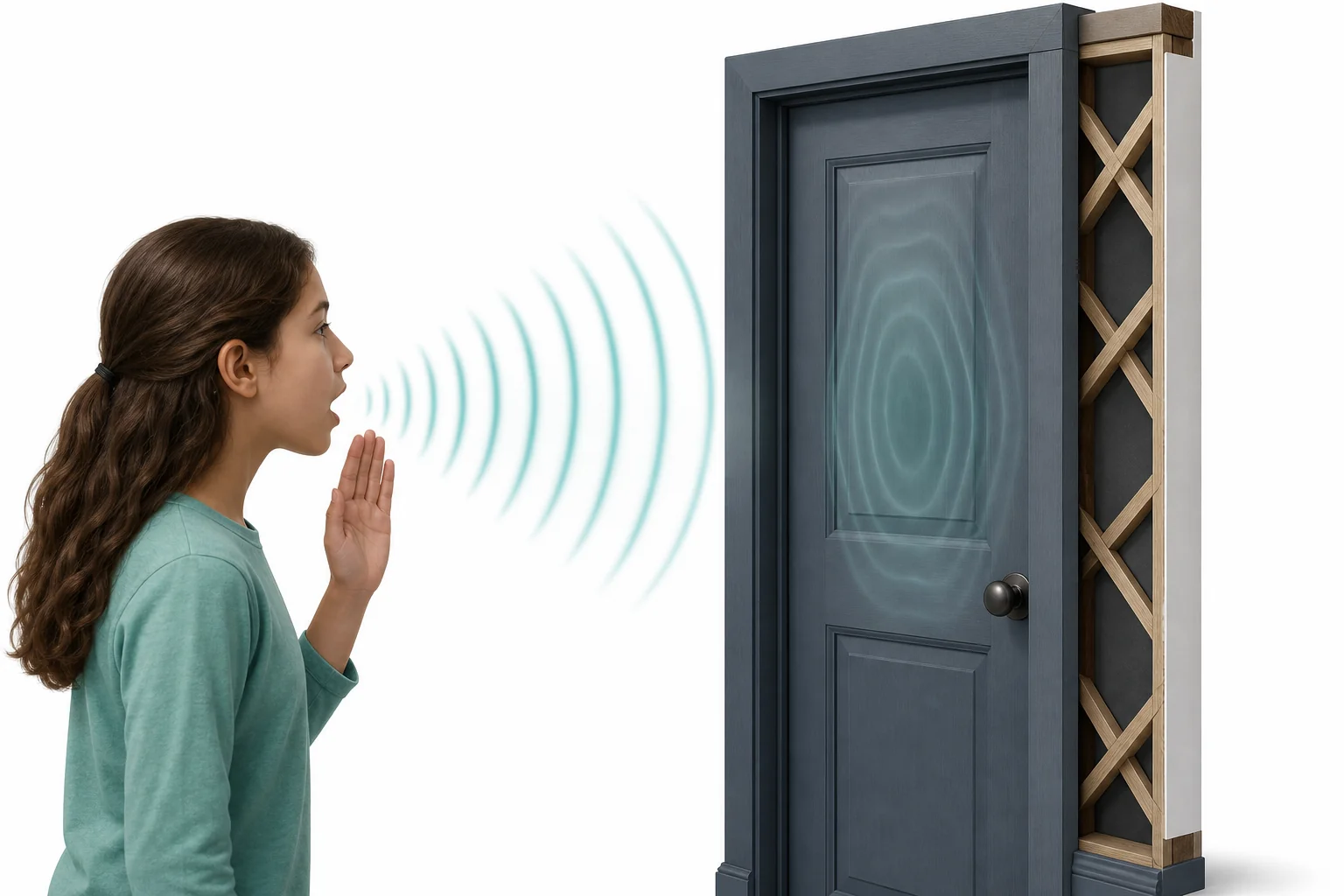 A child stands outside a closed door while sound waves from a person speaking inside make the door vibrate and send softer waves to the other side.