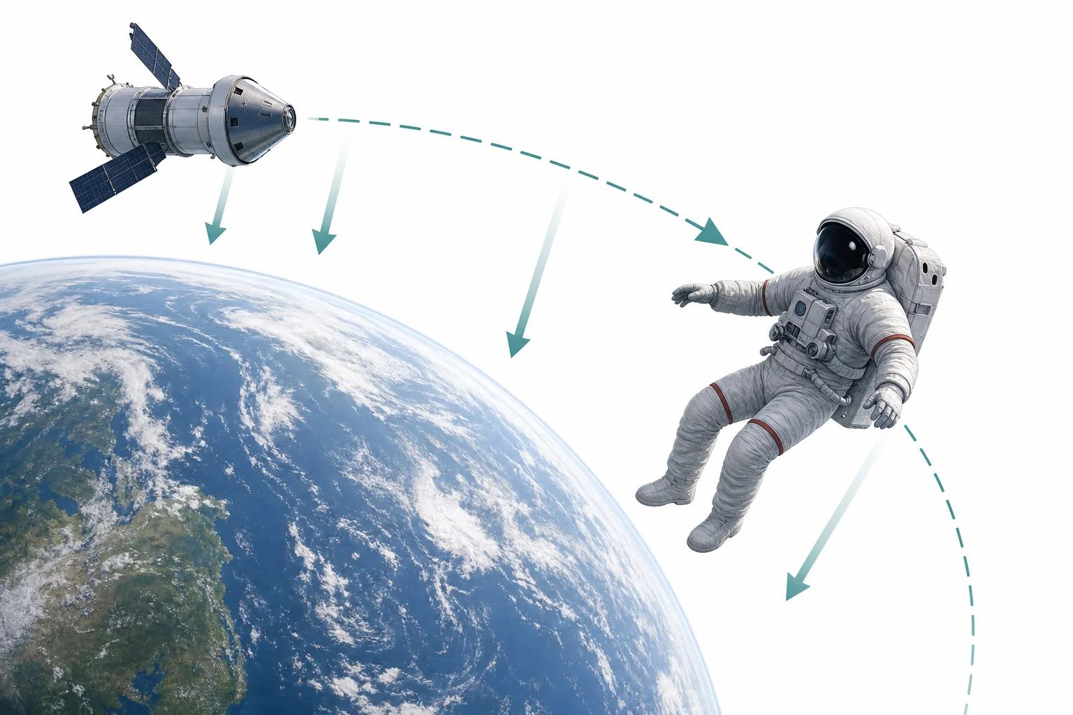 Astronaut and spacecraft shown orbiting Earth to show that both are falling together under gravity