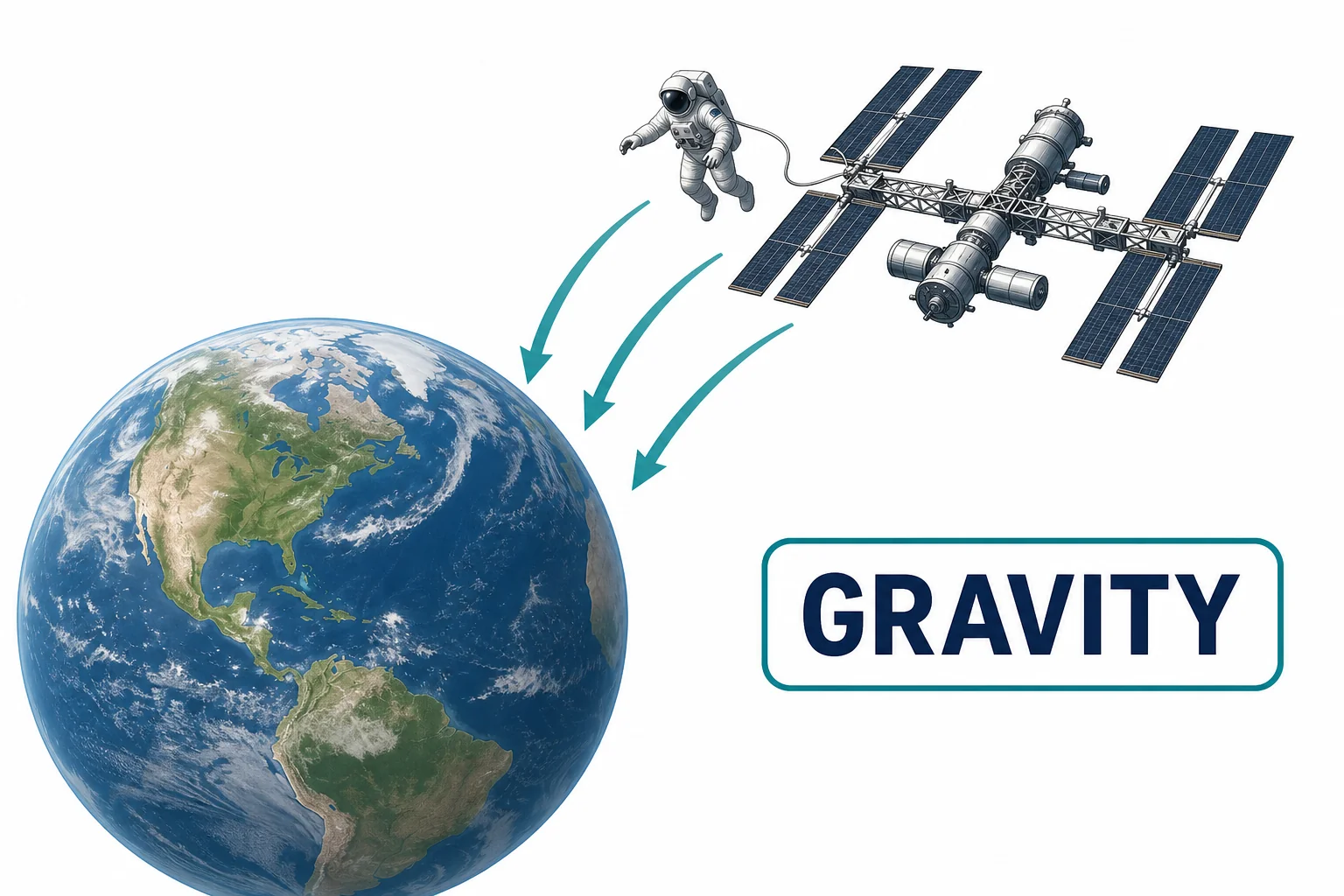 Diagram showing Earth pulling on an astronaut and a space station with gravity arrows