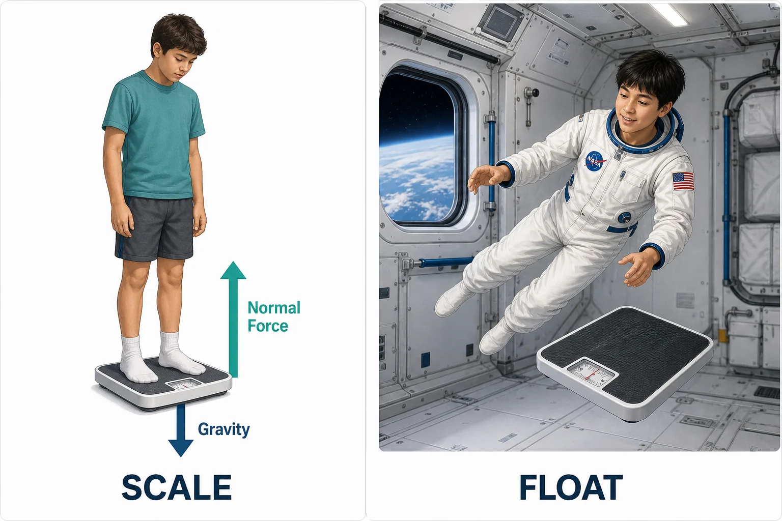 Comparison of a person on a scale on Earth and an astronaut floating near a scale in orbit