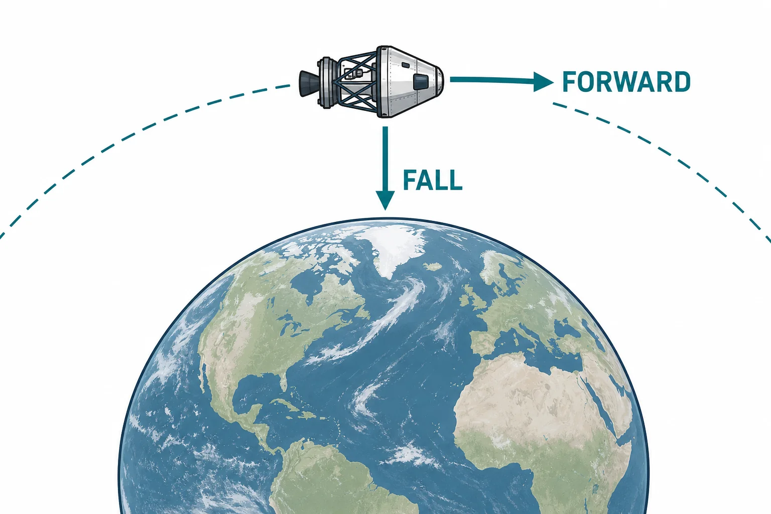 Earth with a spacecraft path showing forward motion and inward falling that create orbit