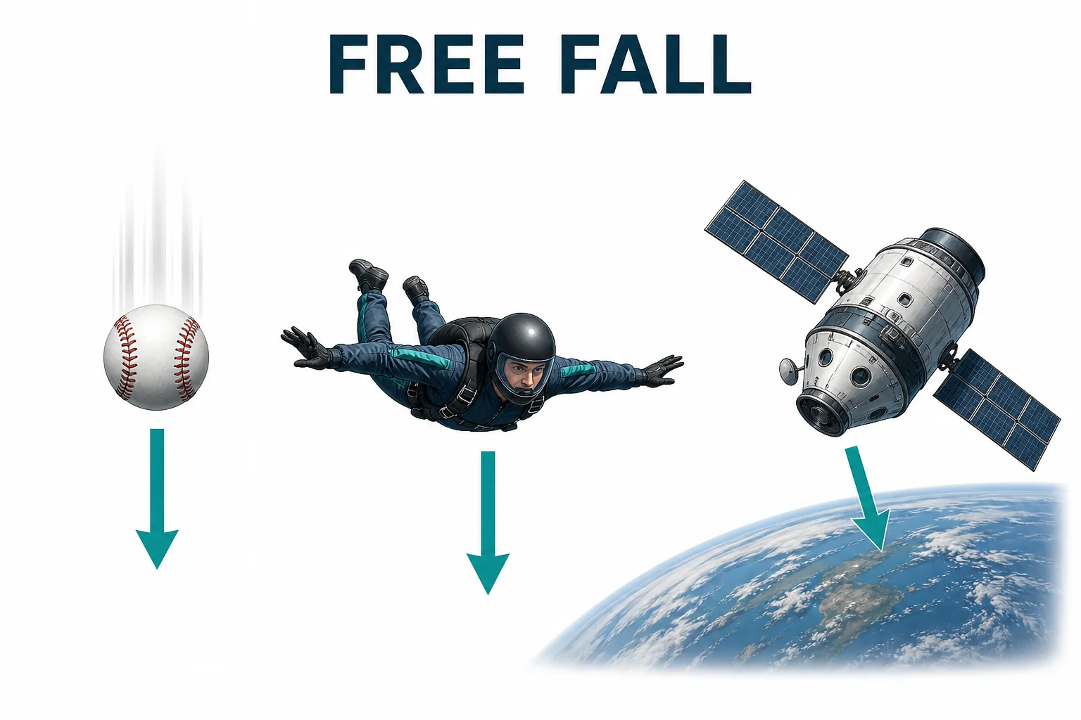 Three examples of free fall showing a ball, a skydiver, and a spacecraft all pulled by gravity