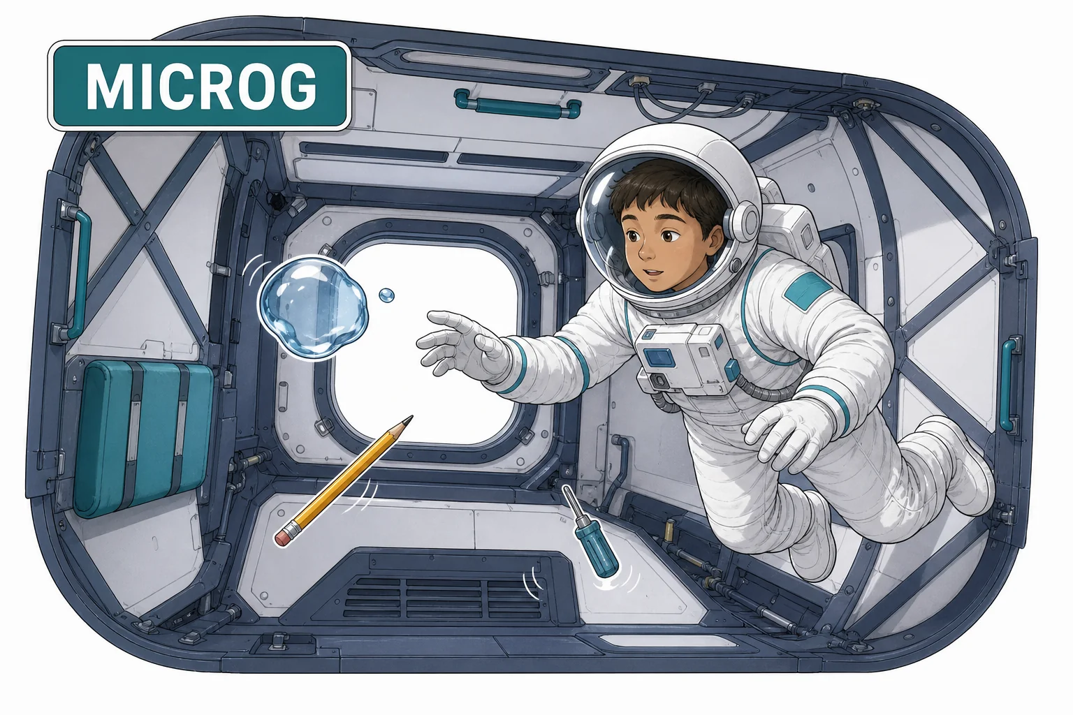 Interior of a spacecraft with floating water, tools, and an astronaut to show microgravity conditions