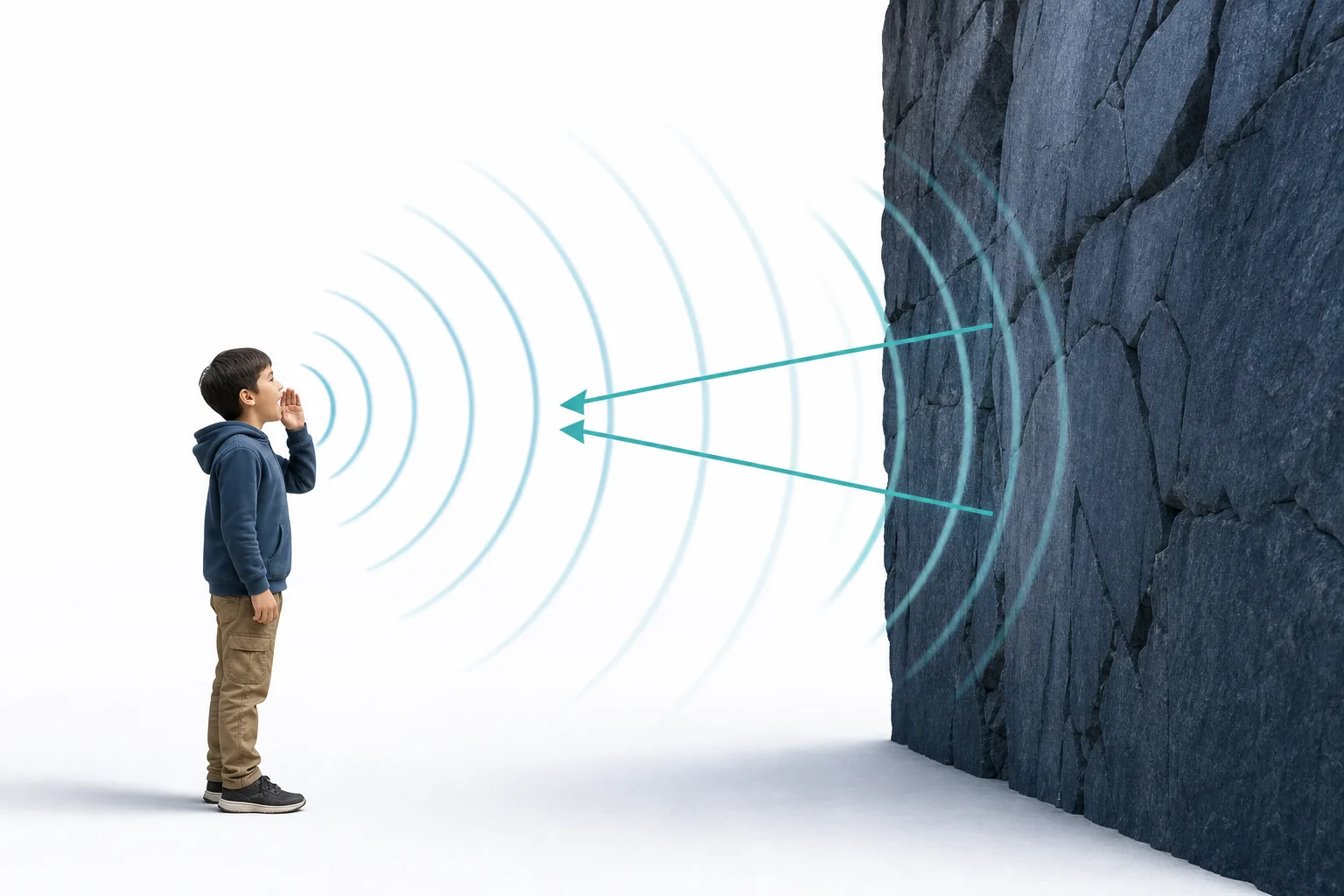 A child claps near a canyon wall while curved sound waves travel to the wall and back as an echo.