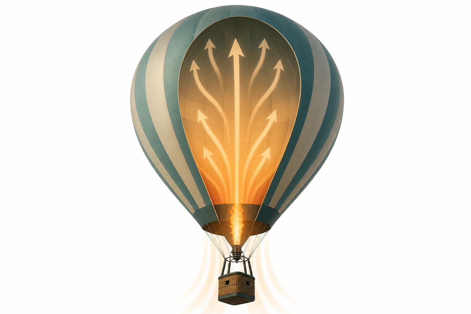 A hot air balloon rising because the heated air inside the envelope is less dense than the cooler air around it