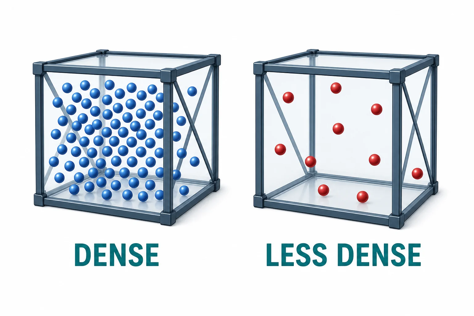 Two equal size boxes of air showing fewer particles in warm air and more particles in cool air