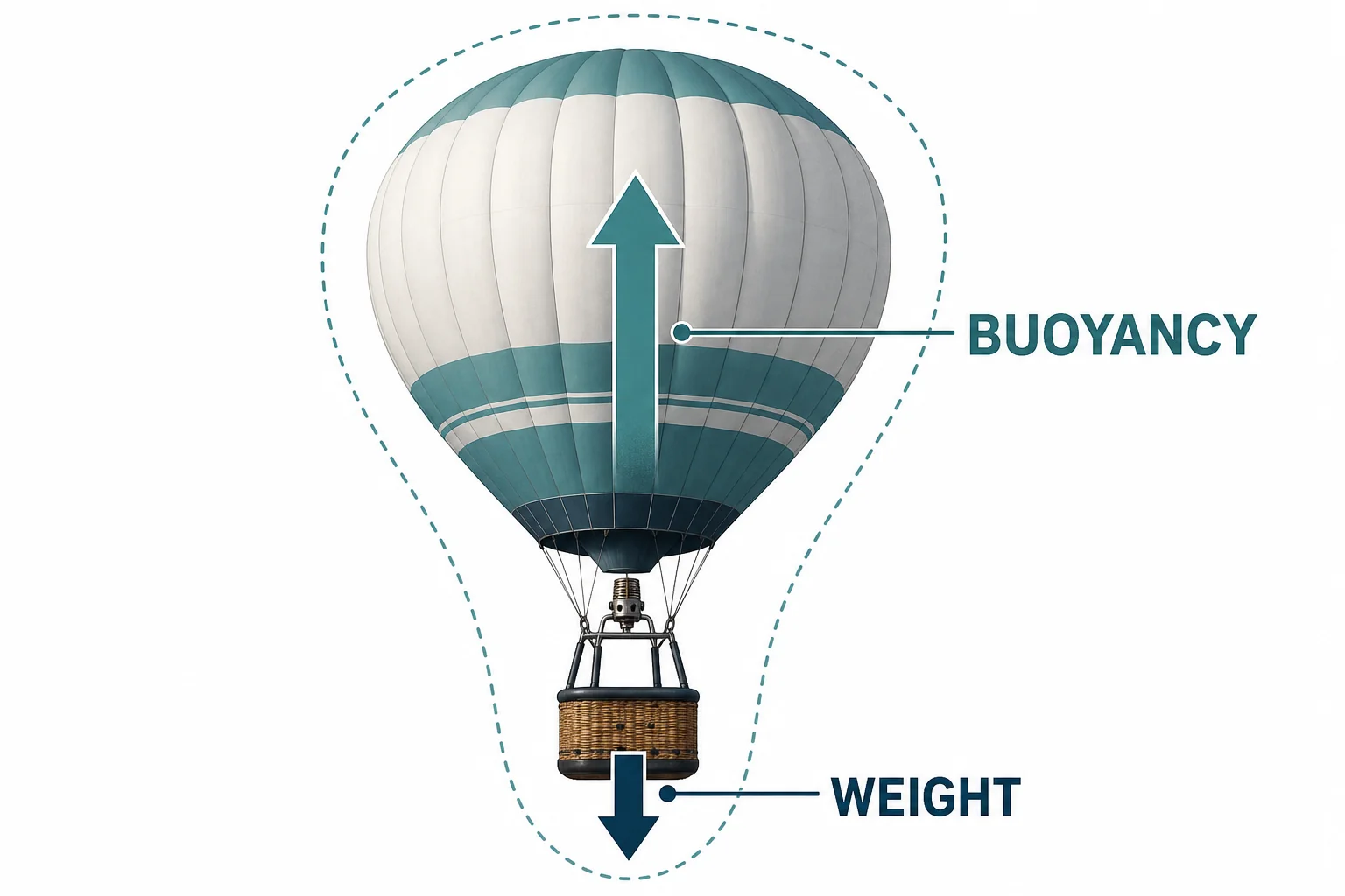 Forces on a hot air balloon with a larger upward buoyant force arrow and a smaller downward weight arrow