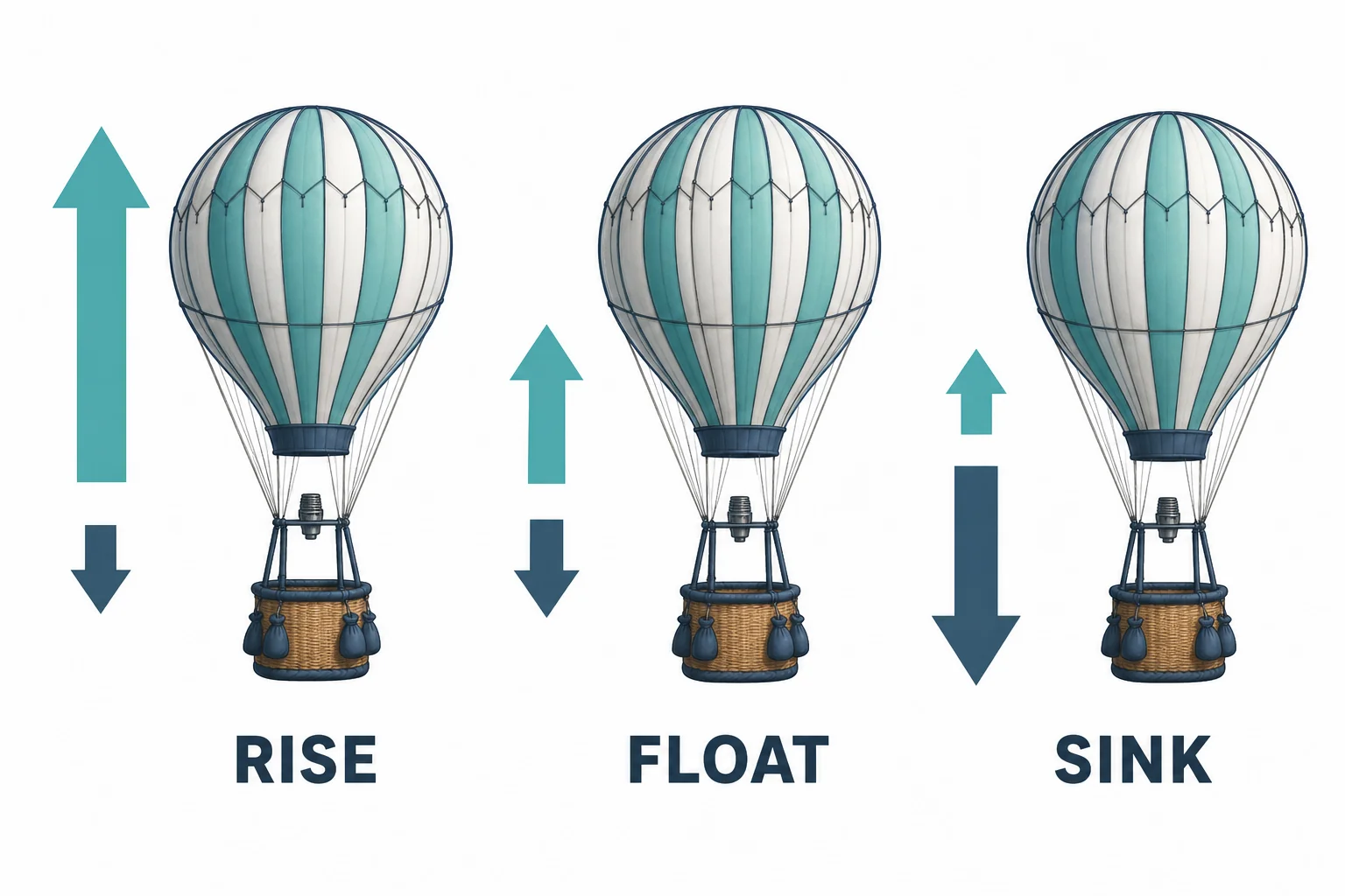 Three hot air balloons showing rising, floating, and sinking based on force arrow sizes