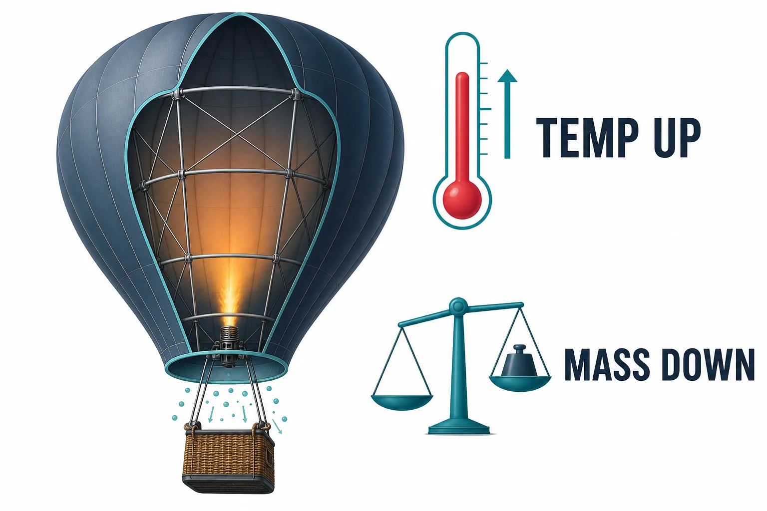 A simple diagram showing temperature increasing as the number of particles inside a balloon envelope decreases