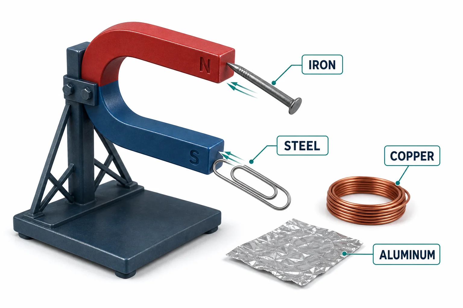 A horseshoe magnet attracting an iron nail and a steel paper clip while copper wire and aluminum foil do not move toward it