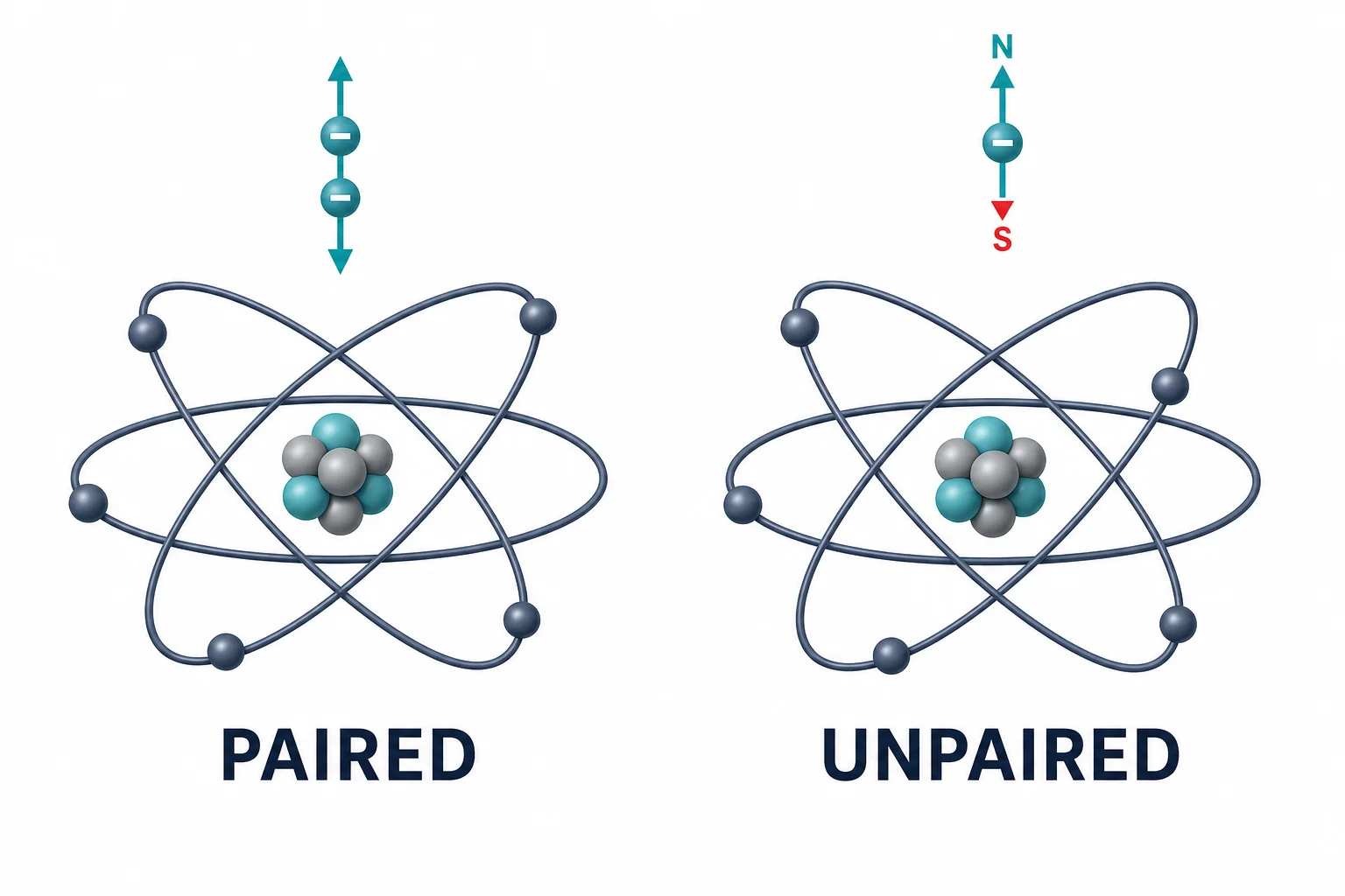 A simplified atom diagram showing paired electron arrows canceling and one unpaired electron arrow acting like a tiny magnet