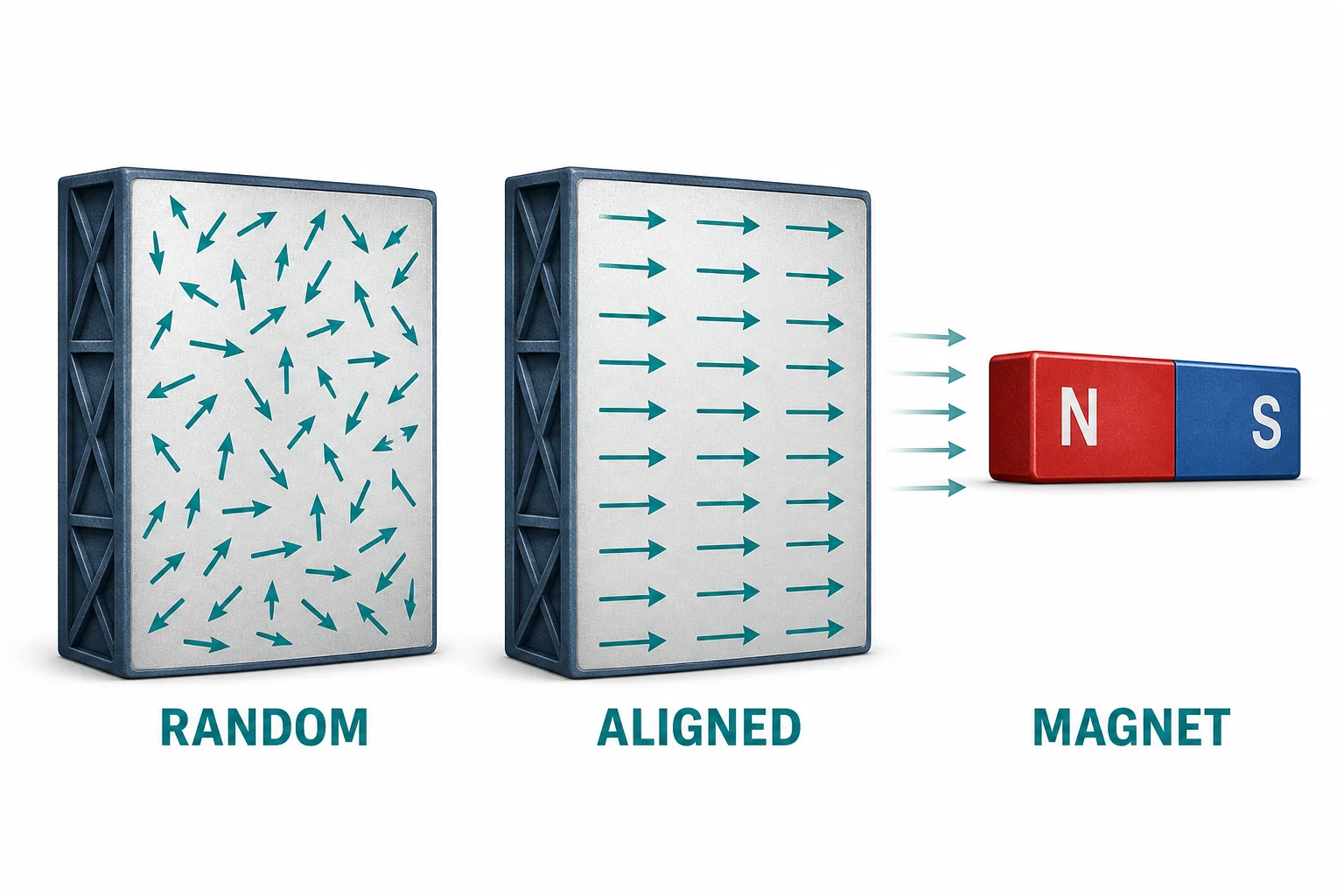Two views of an iron sample showing magnetic domains pointing randomly before a magnet and mostly aligned after a magnet is nearby