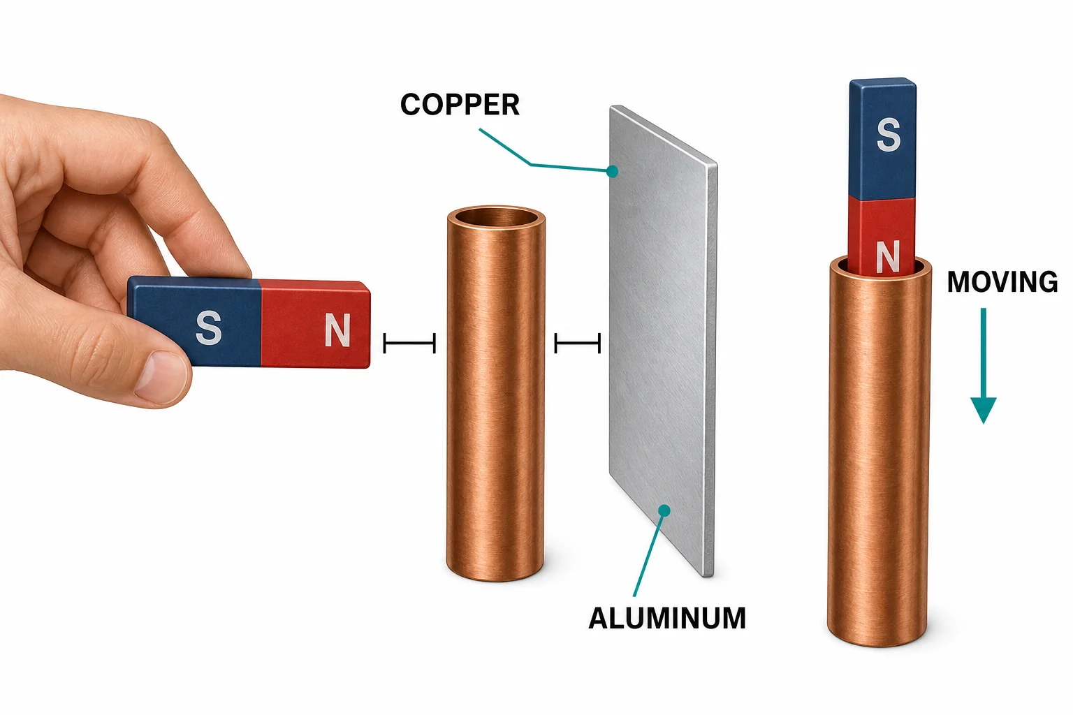 A magnet near a copper pipe and aluminum sheet showing no sticking, with a small motion arrow showing that moving magnets can still interact with conductors