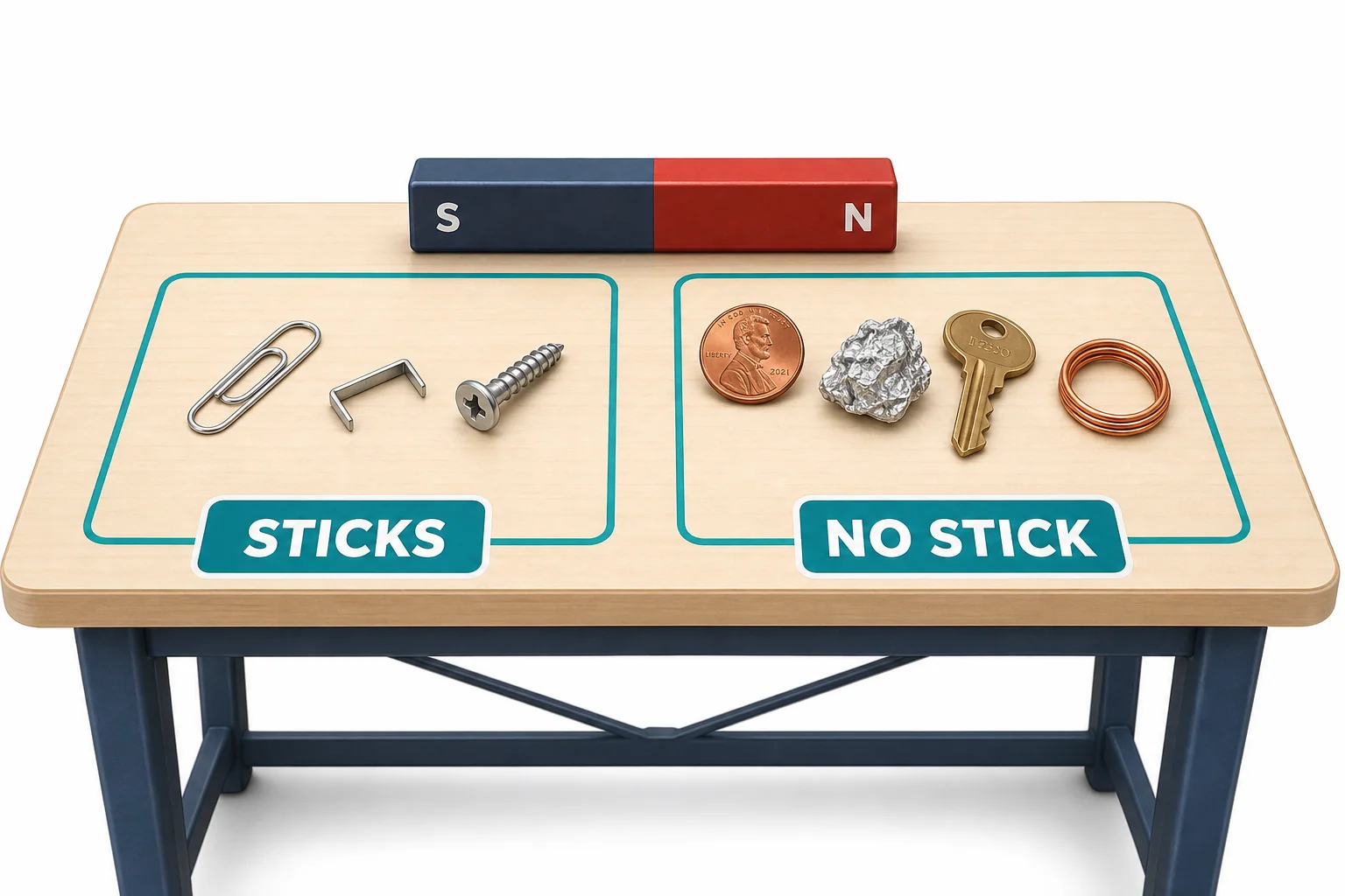 A classroom sorting chart with common objects placed into attracted and not attracted groups after testing with a bar magnet