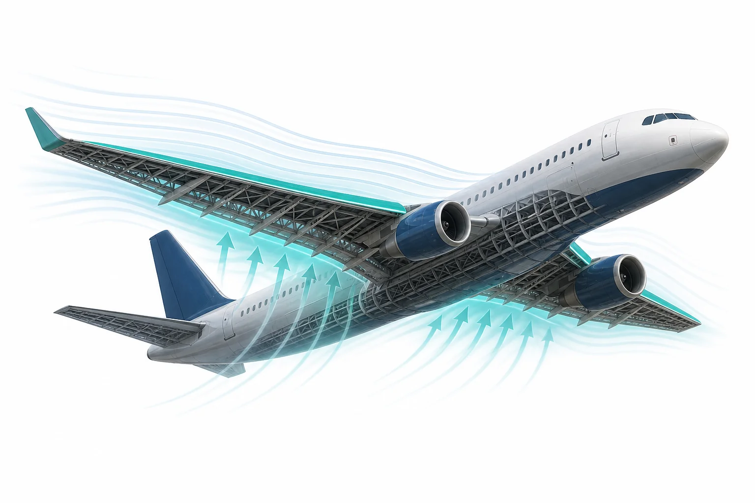 A passenger airplane in level flight with air flowing around its wings and the four flight forces shown conceptually.