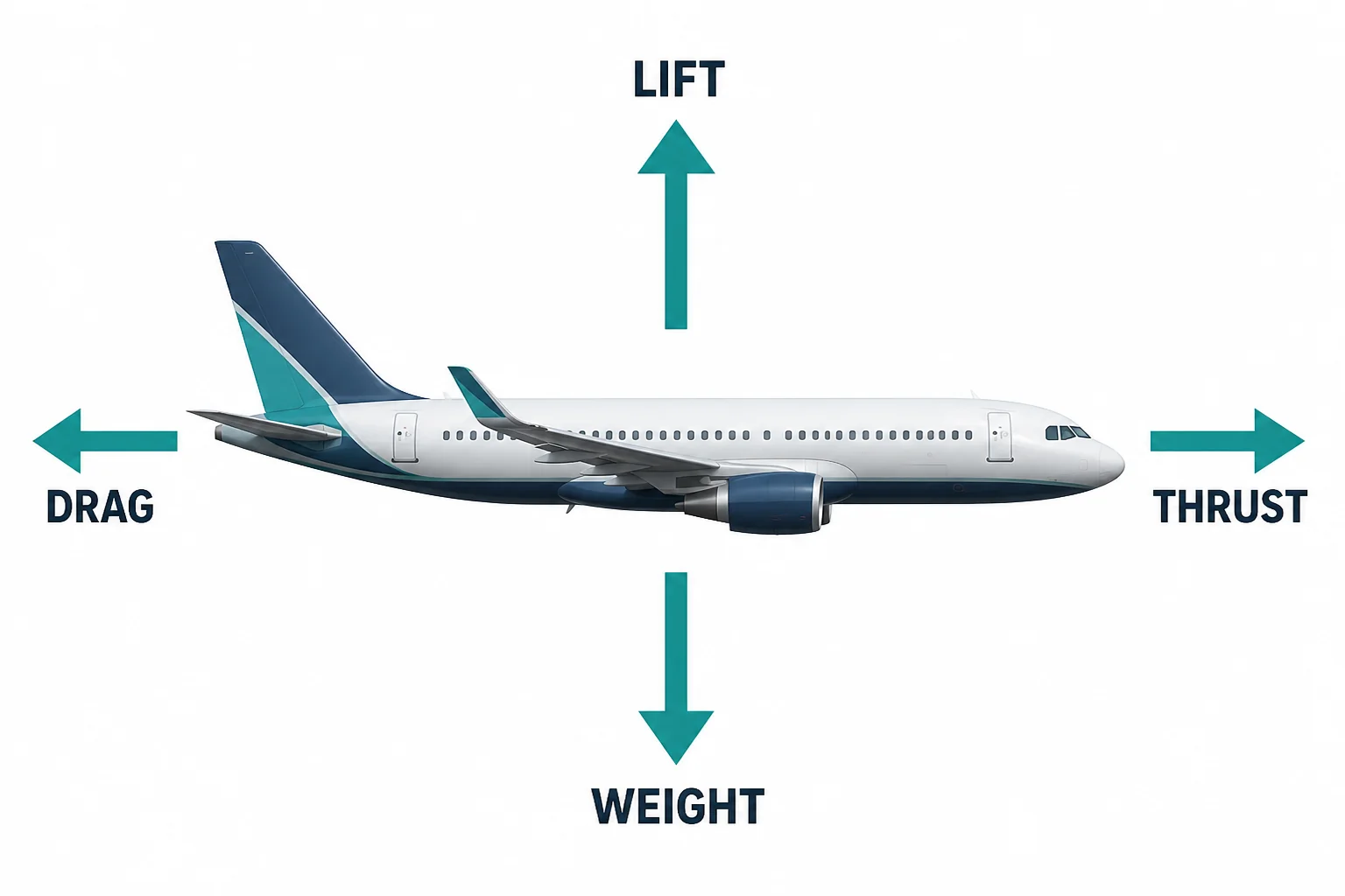 Side view of a plane with arrows showing lift upward, weight downward, thrust forward, and drag backward.