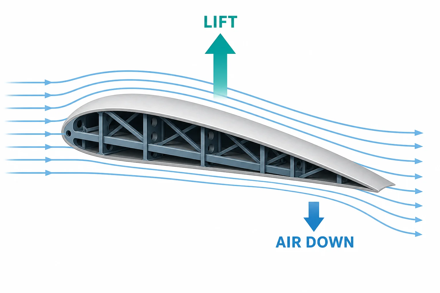 Cross section of a wing moving through air, with streamlines bending downward behind the wing and an upward lift arrow.