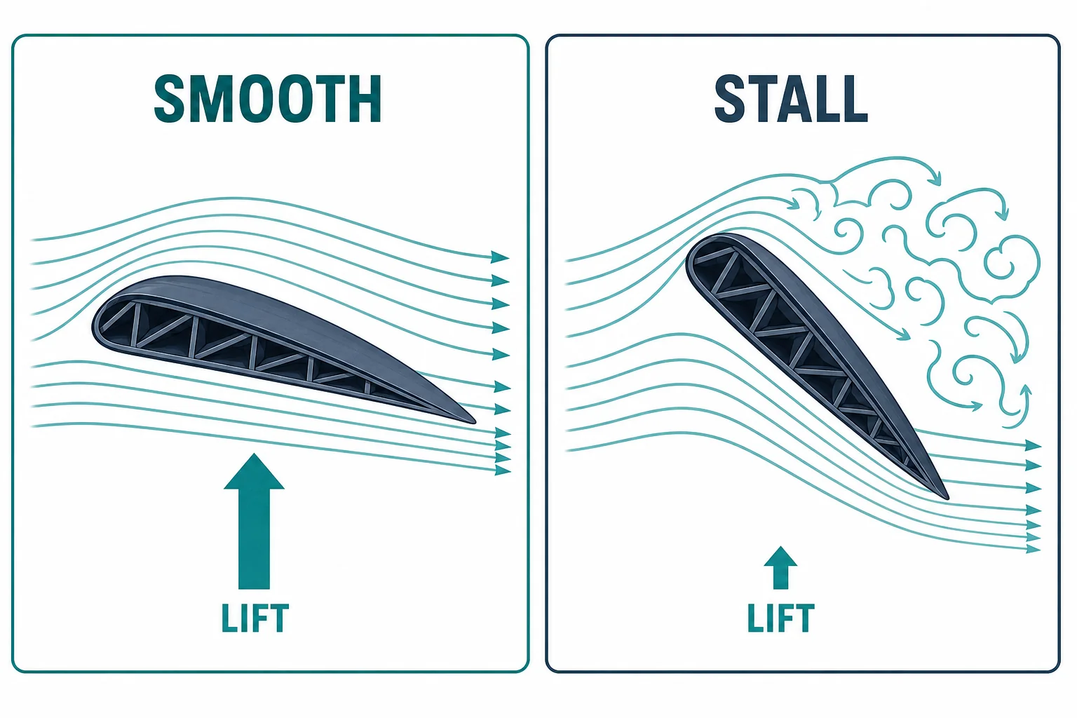 Two wing cross sections comparing a moderate angle with smooth airflow and a steep angle with separated airflow.