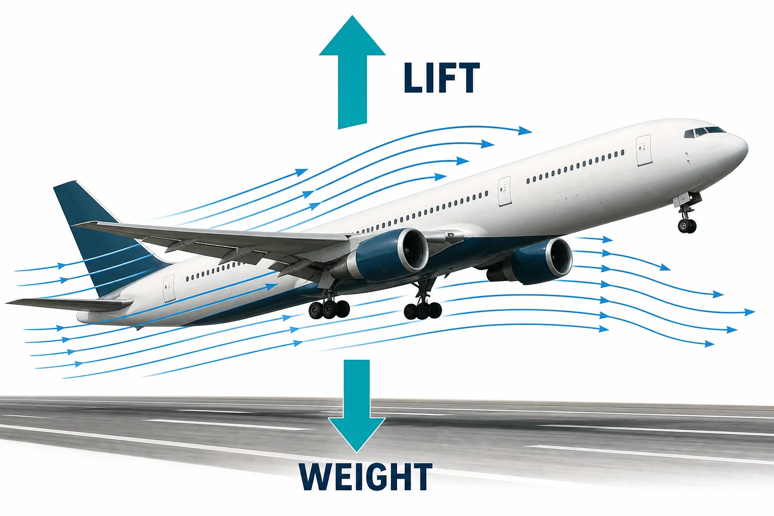 Large airplane taking off with many small air arrows under the wings and a lift arrow balancing a weight arrow.